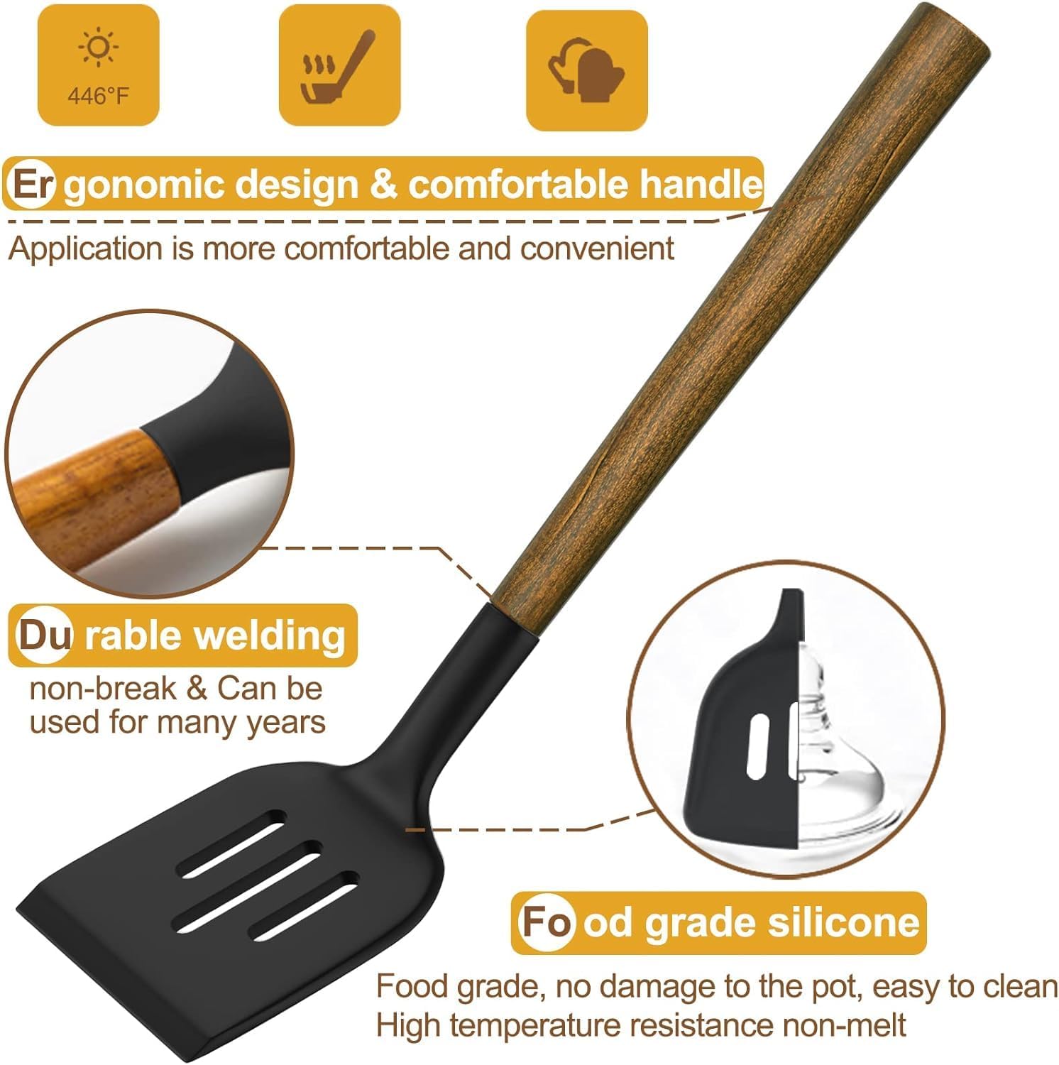 Silicone Cooking Utensil Set, Umite Chef 8-Piece Kitchen Utensils Set with Natural Acacia Wooden Handles,Food-Grade-Silicone Kitchen Gadgets Spatulas Set for Nonstick Cookware- Black - Image 7