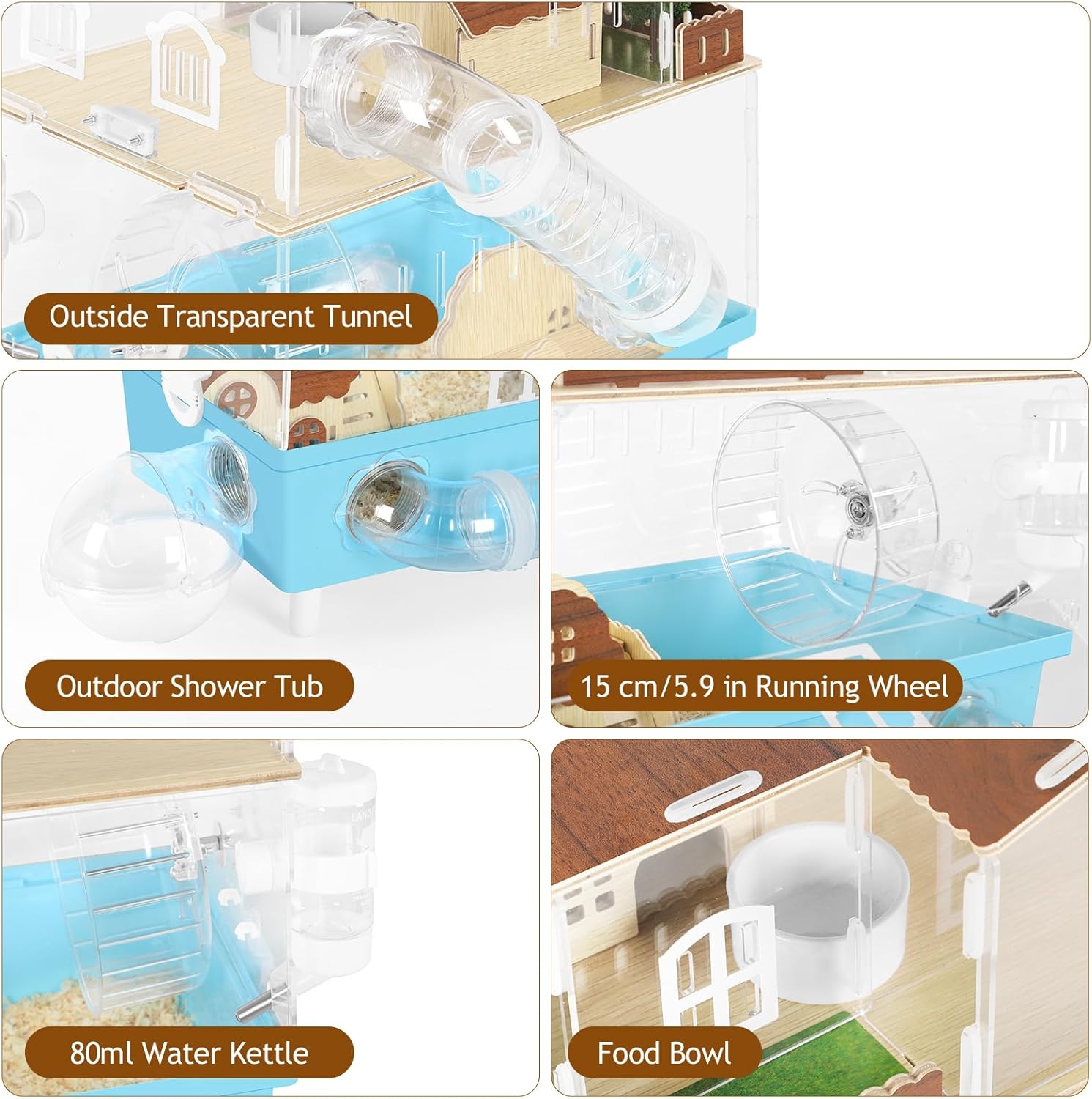 Large Hamster Cage 2 Tier Acrylic Hamster Habitat with Hideout & Running Wheel Blue Dwarf Hamster House for Dwarf Gerbils Syrian Hamsters, Blue, 13.3''L* 9.8''W* 17.4''H - Image 3