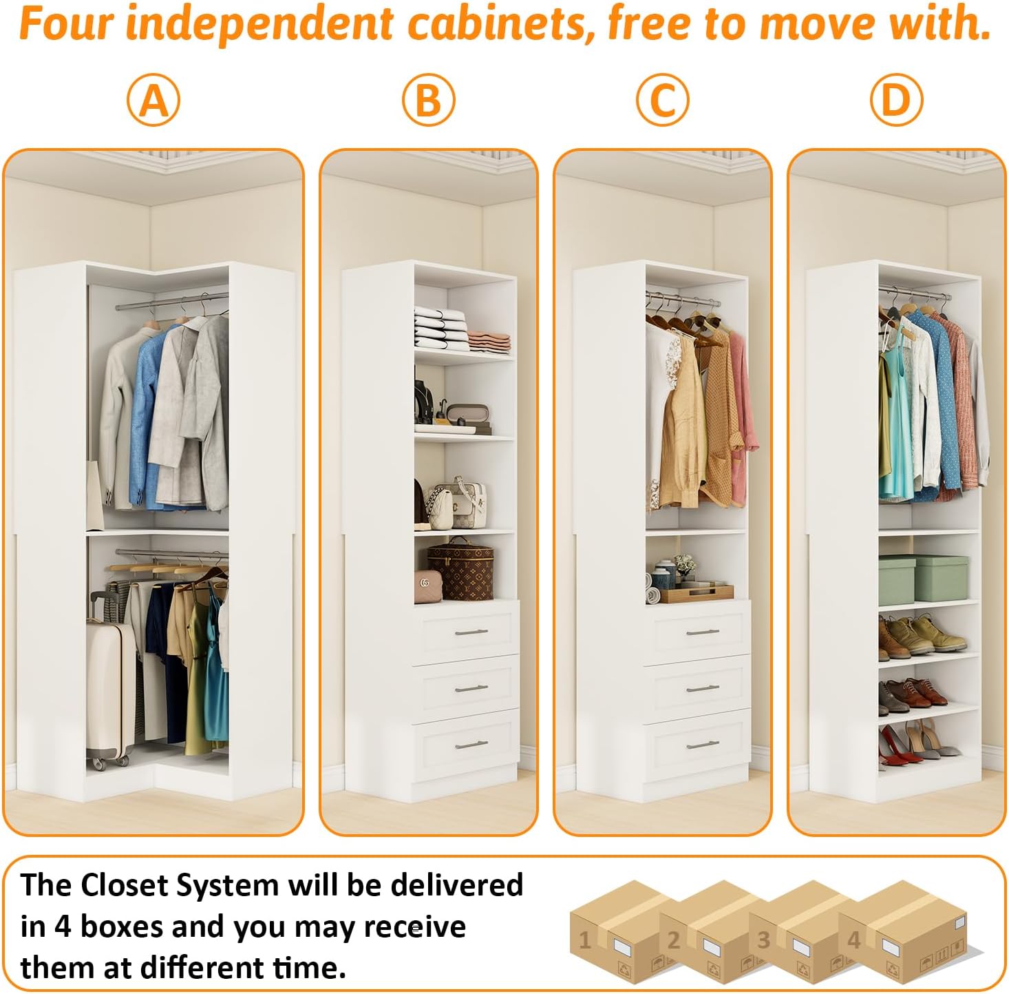 Vomavex Closet System with 4 sets, 101.9" Closet Organizer Systems with 6 Drawers & 8 Hanging Rods & Adjustable Shelves, Walk in Closet Standing Closet System, Corner Closet System Set, White - Image 9