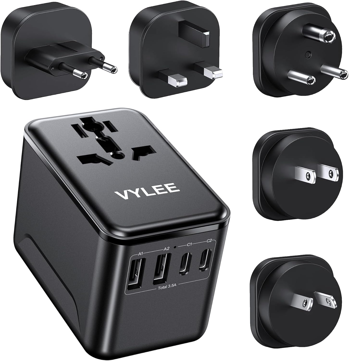 VYLEE Universal Travel Adapter, 2 USB-C & 2 USB-A Worldwide Plug Adapter with 1 Universal AC Outlet, Type A D I G C International Plug Adapter for US, India, Europe, UK, Maldives, Sri Lanka(Black)