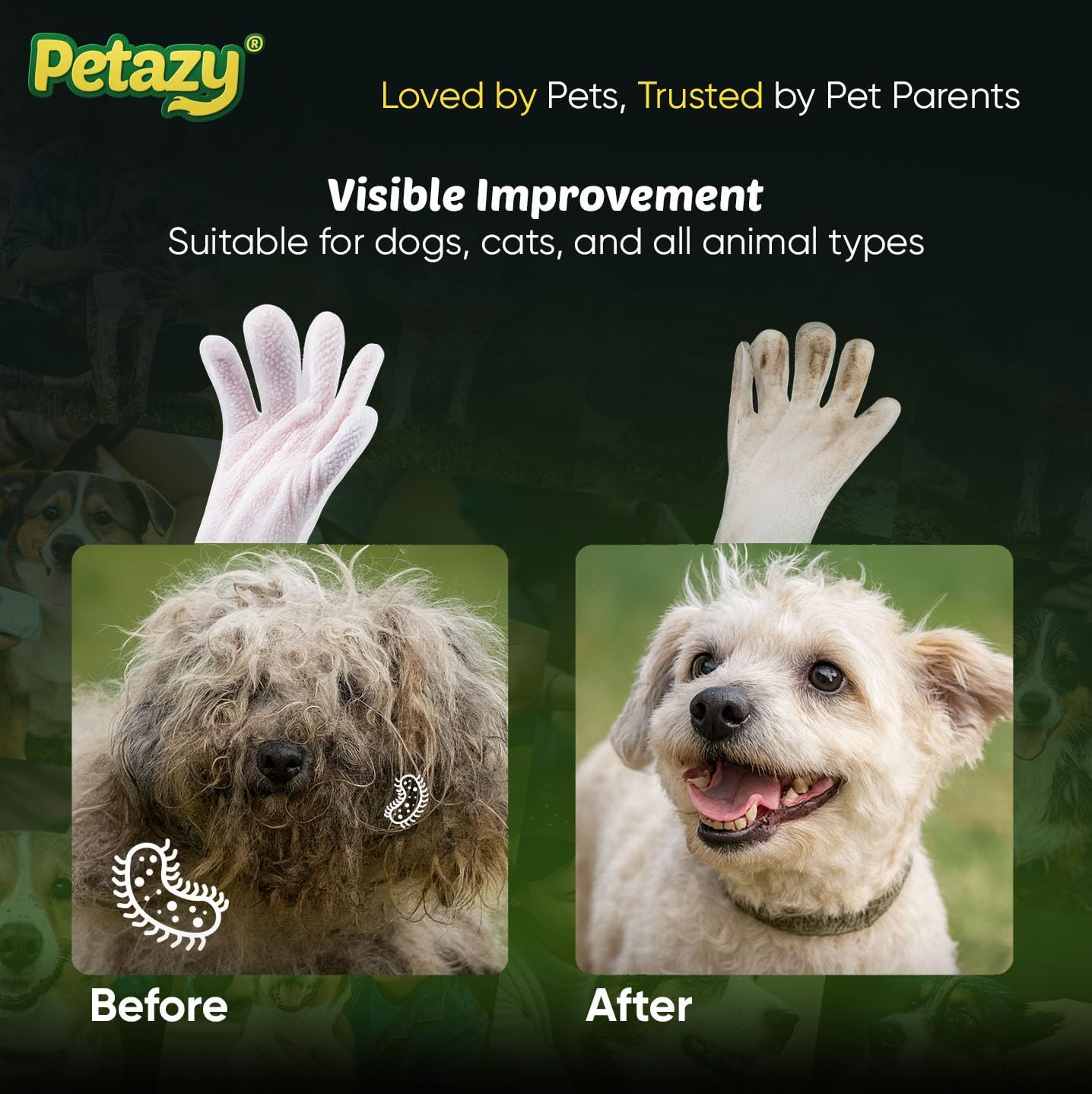 Petazy Pet Glove Wipes for Dogs & Cats – Hypoallergenic Thick Cleaning Gloves with Aloe & Coconut Oil for Paws, Face, Ears & Butt, Instant No Rinse Grooming Wipes to Deodorize and Hydrate, 25 Pack - Image 5