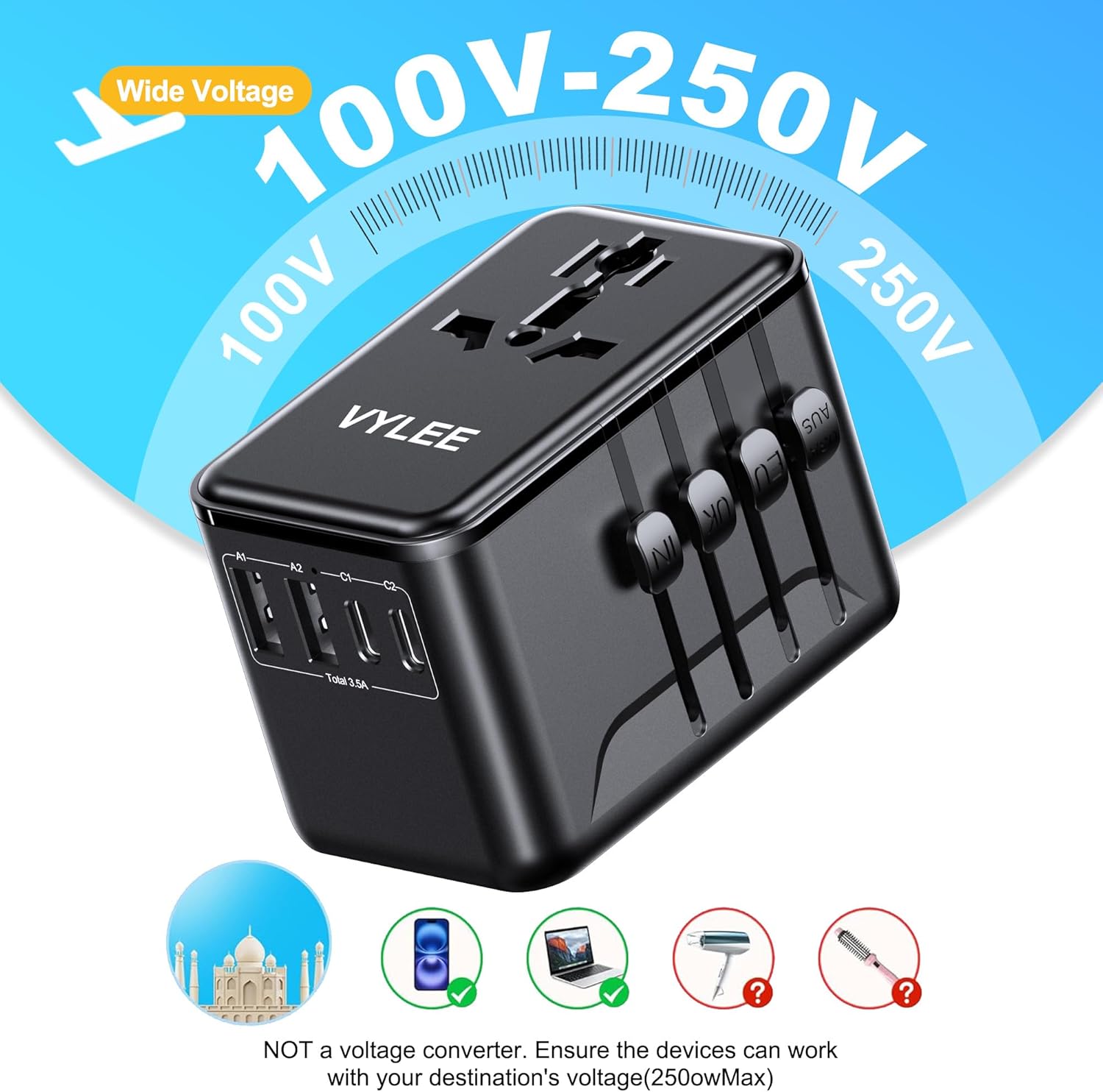 VYLEE Universal Travel Adapter, 2 USB-C & 2 USB-A Worldwide Plug Adapter with 1 Universal AC Outlet, Type A D I G C International Plug Adapter for US, India, Europe, UK, Maldives, Sri Lanka(Black) - Image 8