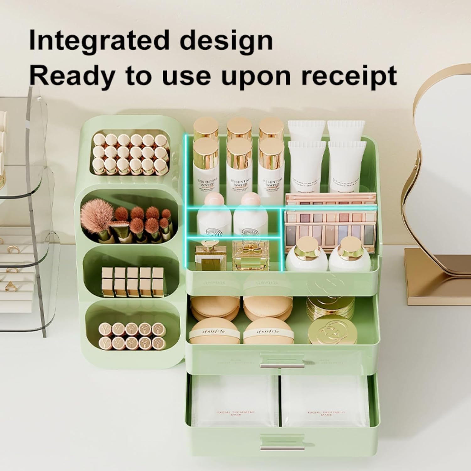 Booklov Makeup Organizer for Vanity, Large Capacity Cosmetic Display Case with Drawers, Countertop Beauty Storage Holder for Skincare, Brush Eyeliner Perfume Eyeshadow Lipsticks, Counter Desk, Green - Image 4