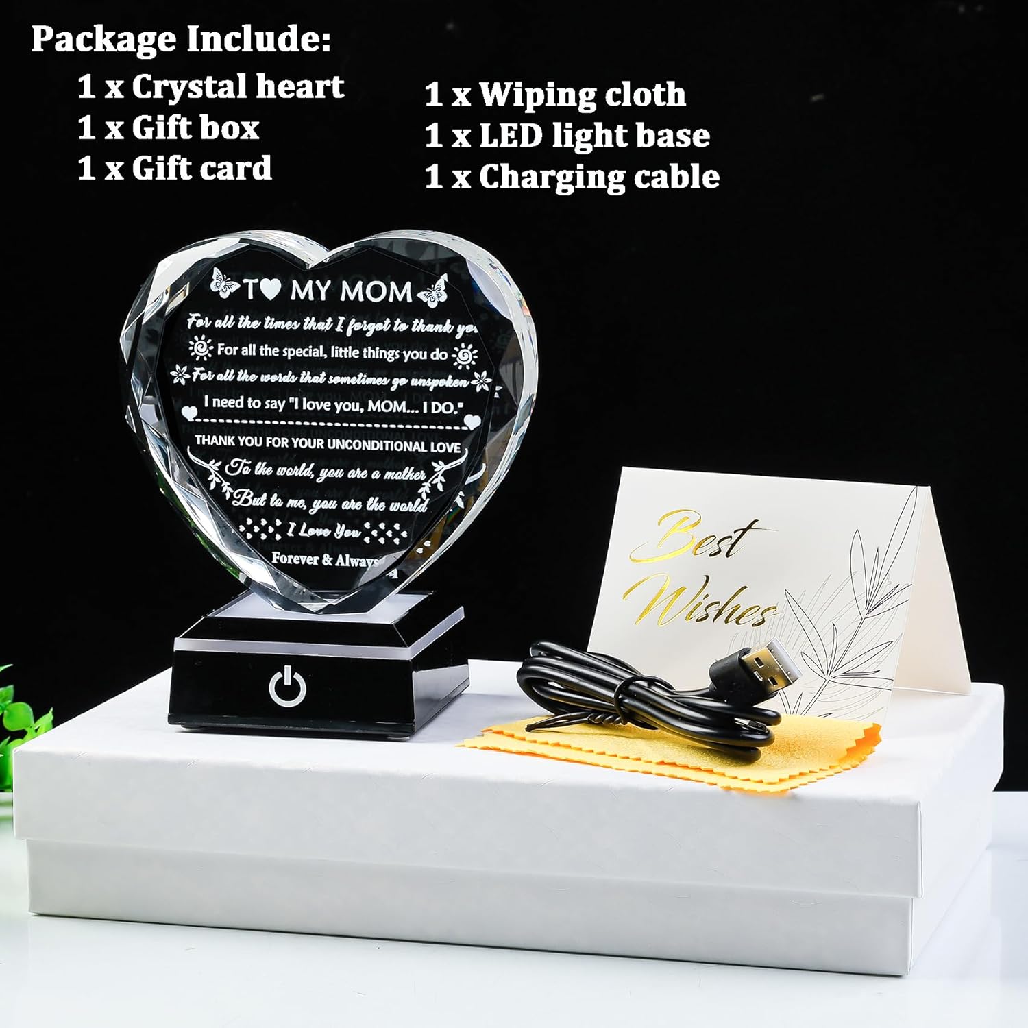 YWHL Gifts for Mom from Daughter Son, Birthday Gifts for Mom Who has Everything, To My Mom Gifts for Mother's Day Crystal Heart Keepsake with LED Base, Present for Mother on Christmas Valentine - Image 6