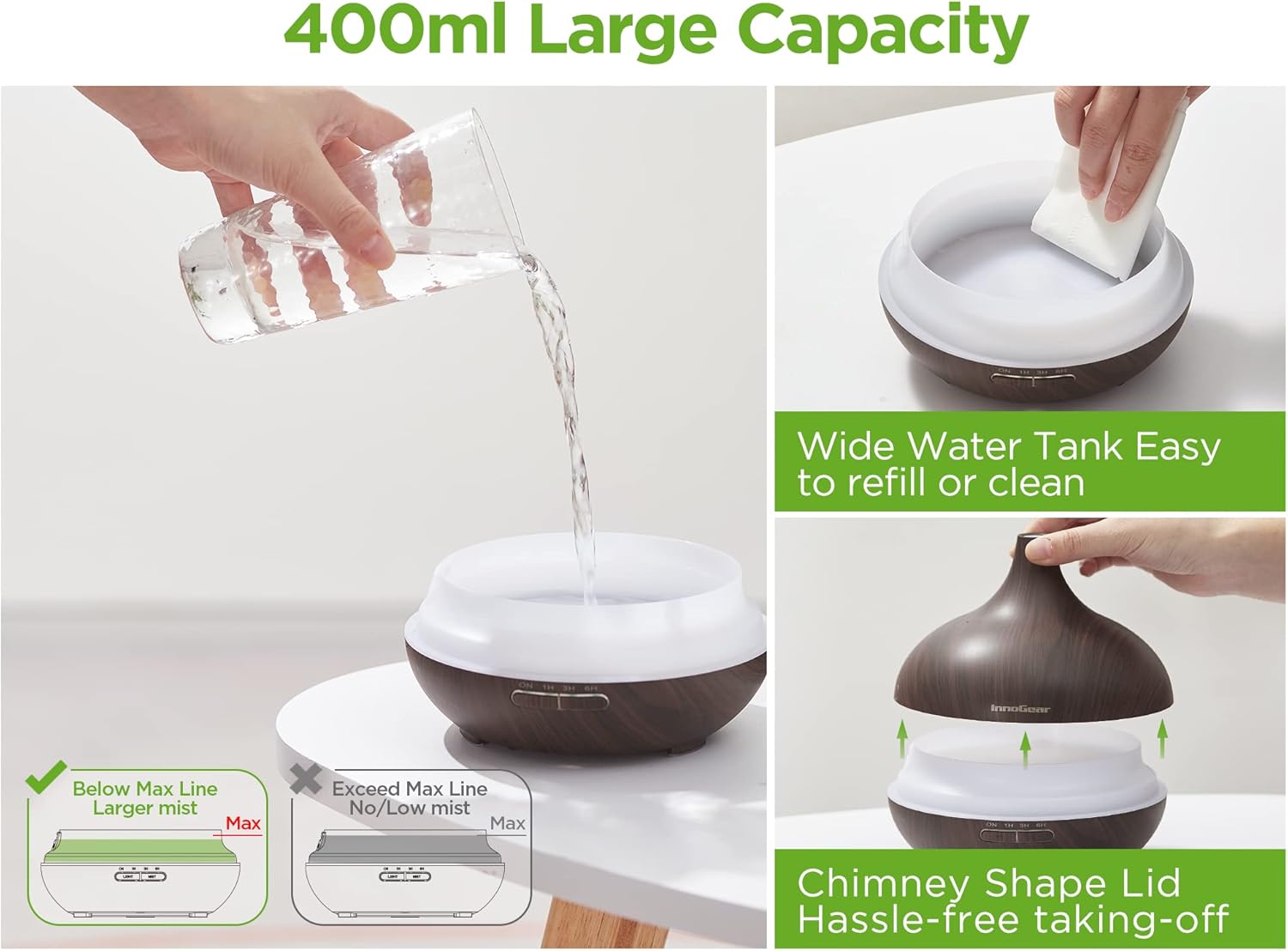 InnoGear Aromatherapy Diffuser & 10 Essential Oils Set, 400ml Diffuser Ultrasonic Diffuser Cool Mist Humidifier with 4 Timers 7 Colors Light Waterless Auto Off for Valentine's Gift, Dark Wood Grain - Image 9