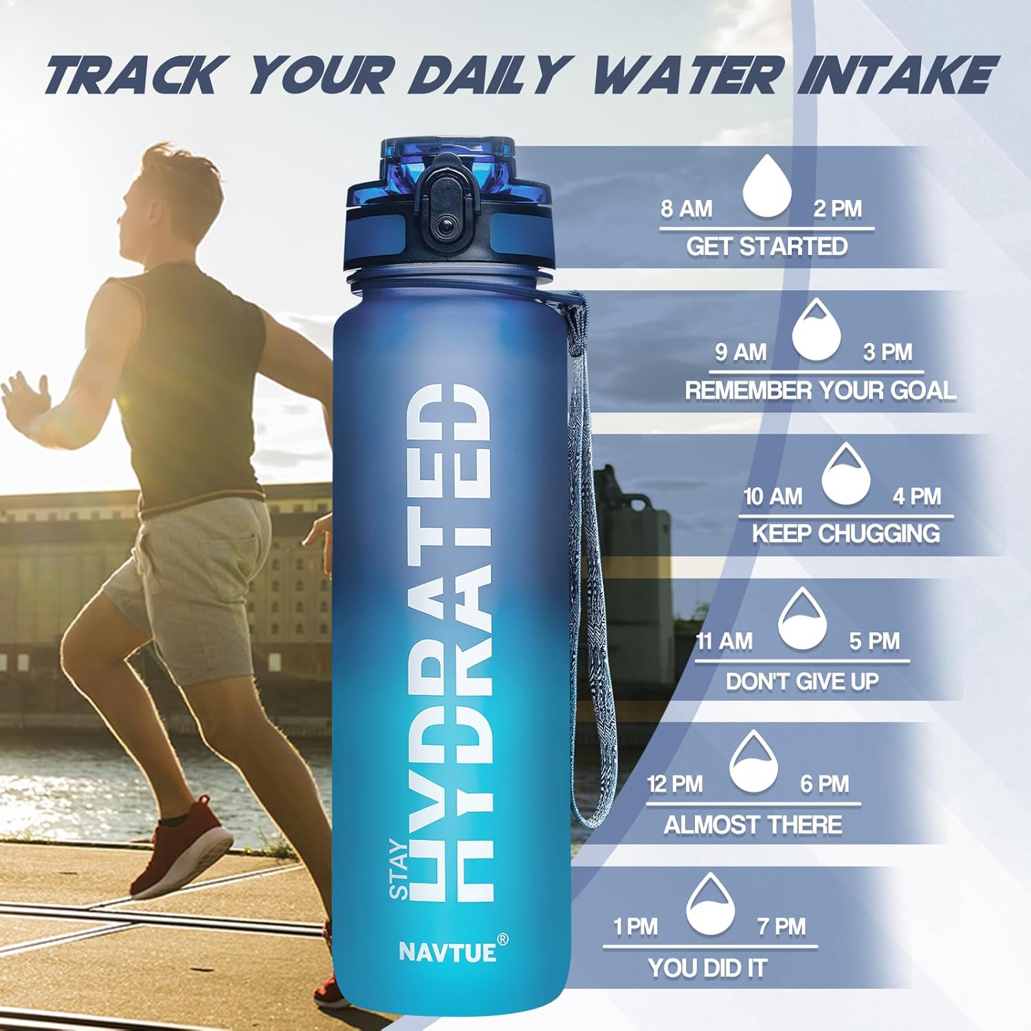 Water Bottle, 32oz Sports Water Bottles with Time Marker Wide Mouth, Motivational and Leakproof Drink Bottle, BPA Free Tritan with Carry Strap for Gym Fitness Outdoor (1 Bottle) - Image 2