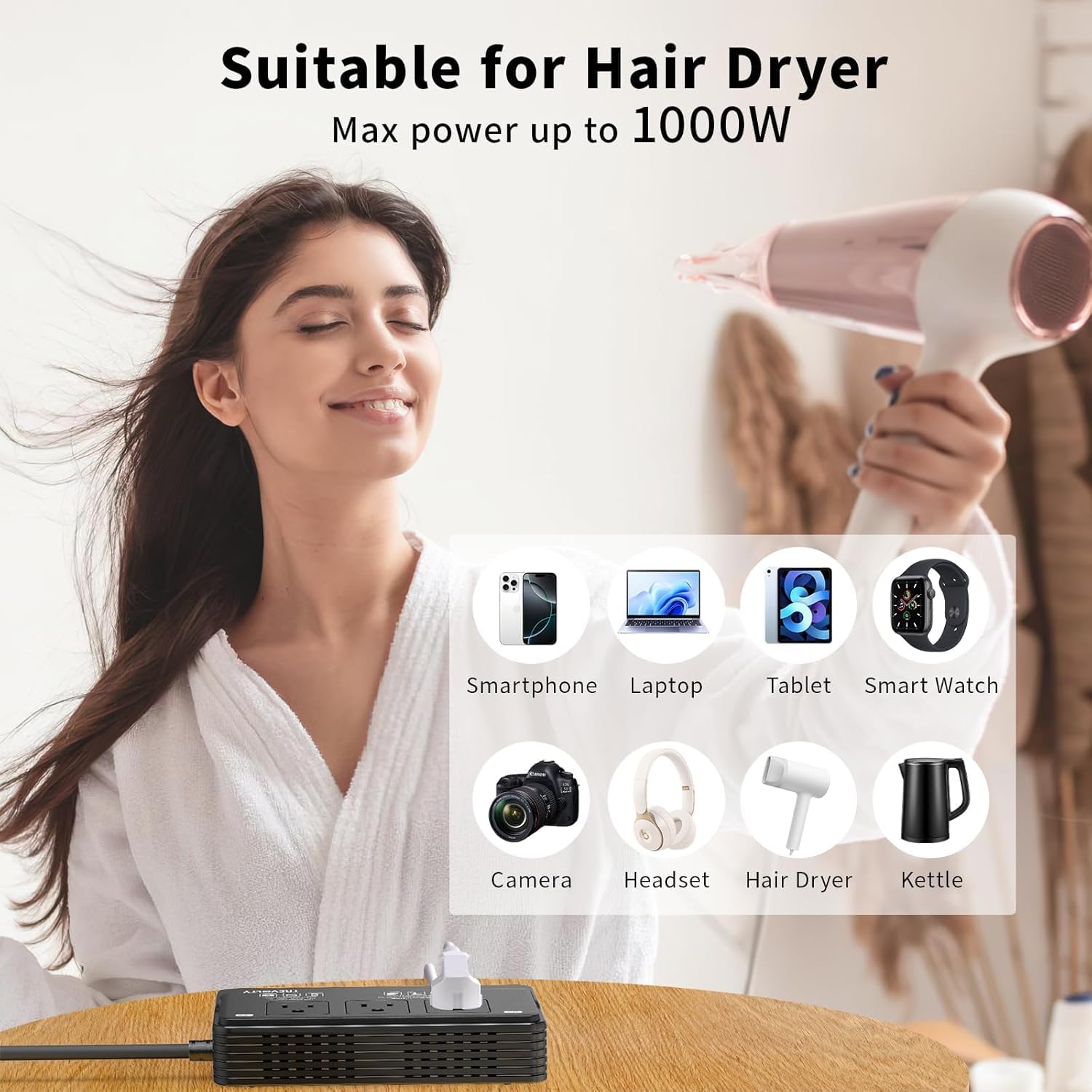 2000W Voltage Converter US to Europe for Hair Dryers, 7-in-1 220V to 110V Converter for European Travel with 3 AC/2 USBA/2 USBC Ports, Universal Power Converter Adapter Combo with EU/UK/IT/AU - Image 5