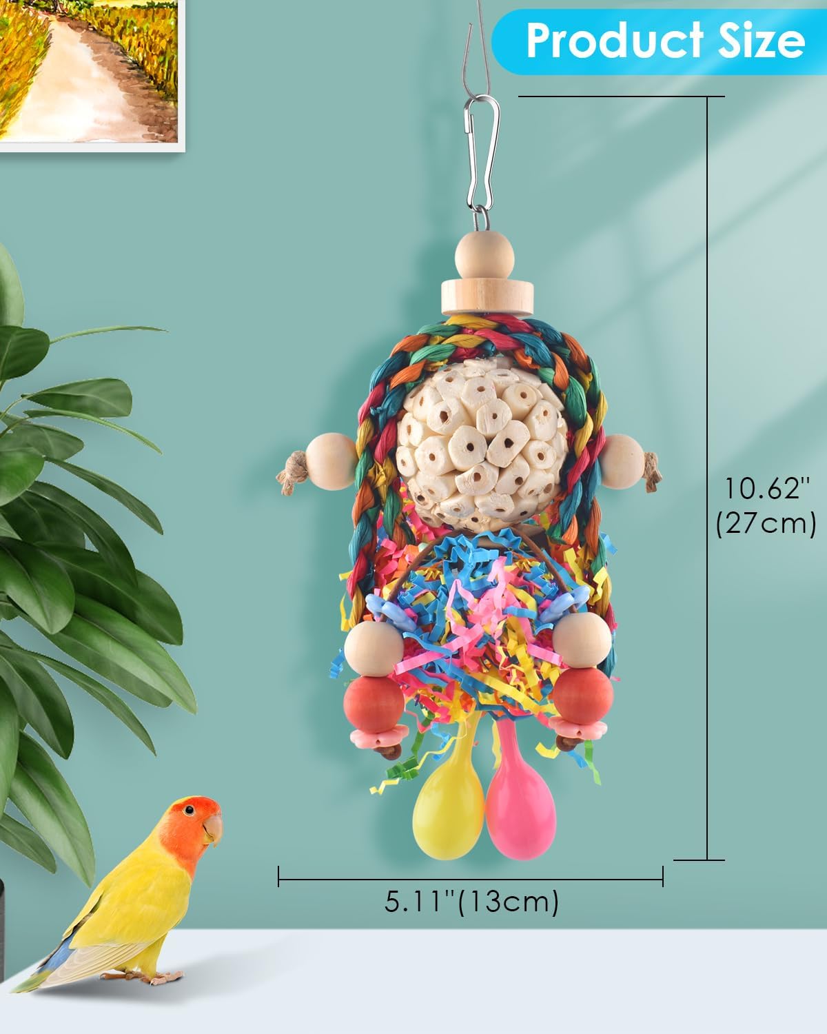 Bissap Conure Toys, 2PCS Bird Parrot Foraging Shredder Hanging Toys Sola Balls with Sand Hammer for Small Parrots Parakeets Conures Cockatiels Love Birds Cage Toy - Image 2
