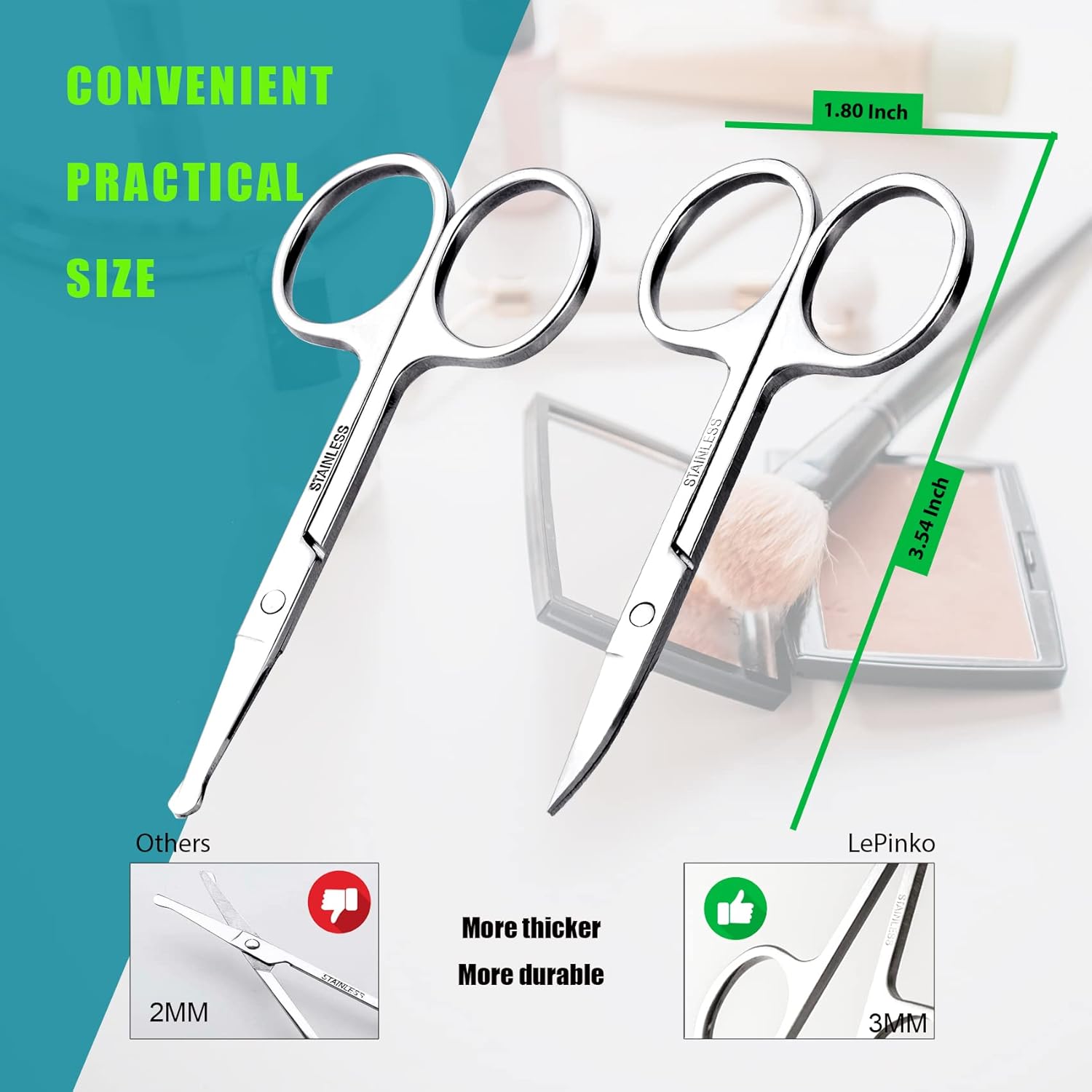 Facial Hair Small Grooming Scissors For Men Women - Eyebrow, Nose Hair, Mustache, Beard, Eyelashes, Ear Trimming Kit - Curved and Rounded Safety Tip Clippers For Hair Cutting - 2PCS Silver - Image 4