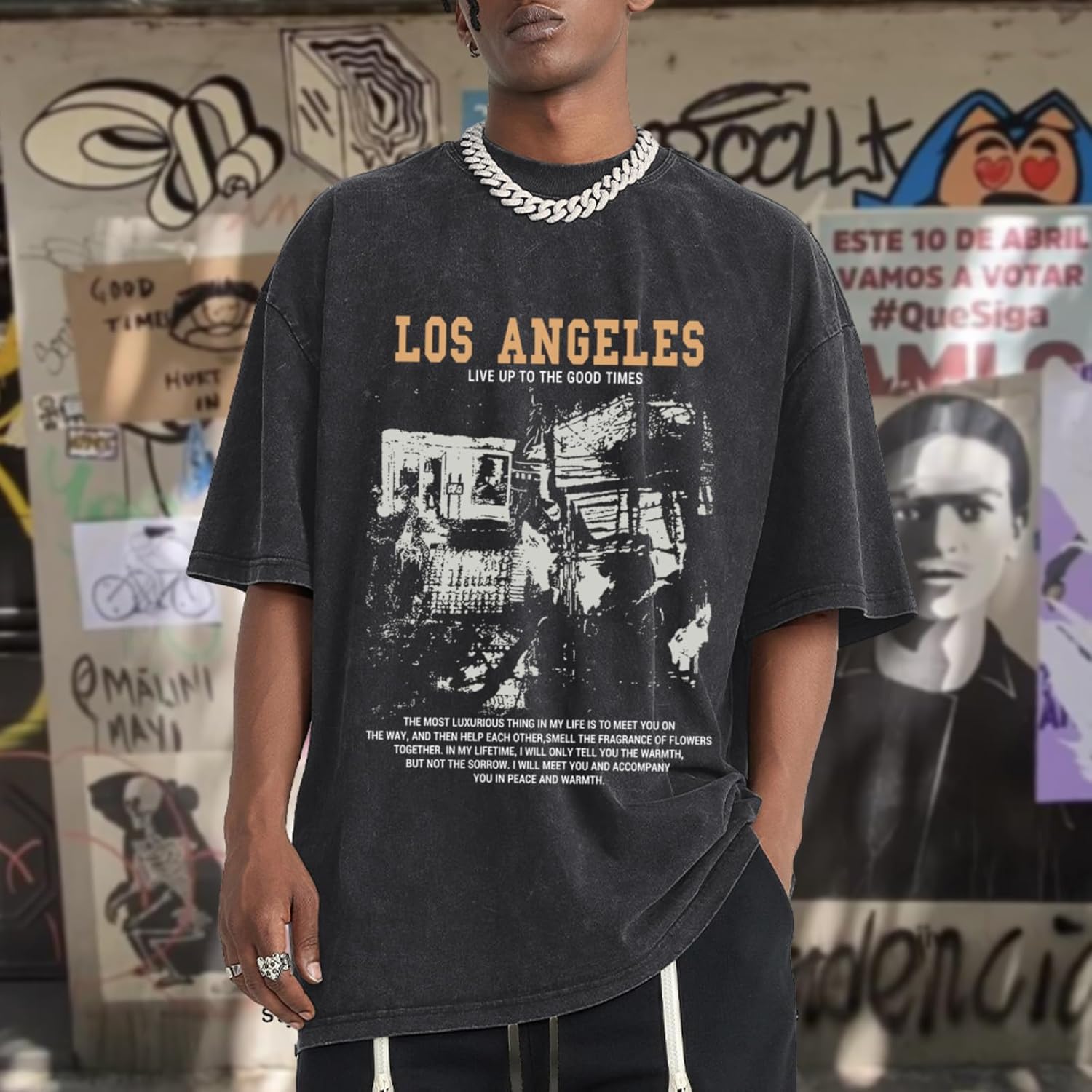 Pairxily Oversized Graphic Tshirts for Men Acid Wash Los Angeles Vintage Tees Streetwear Baggy Cotton Shirts Casual Tops - Image 2