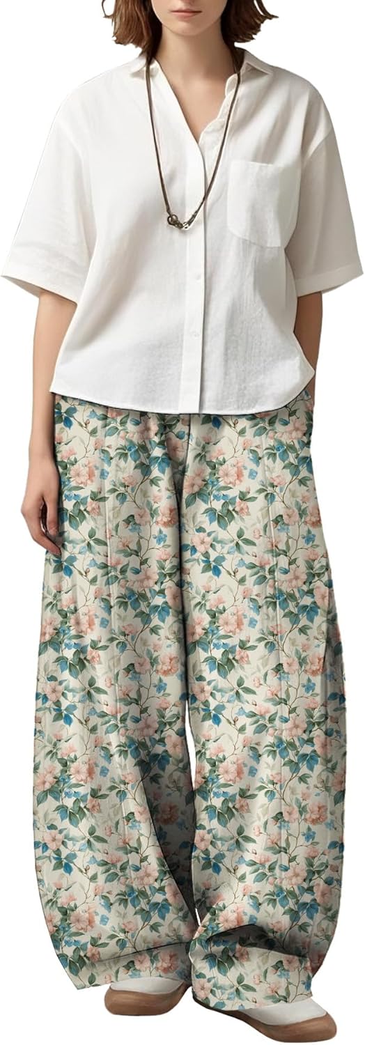 Womens Dressy Causal Baggy Wide Leg Pants Boho Floral Print Pants Waist Elastic Relax Fit Lantern Trouser with Pockets
