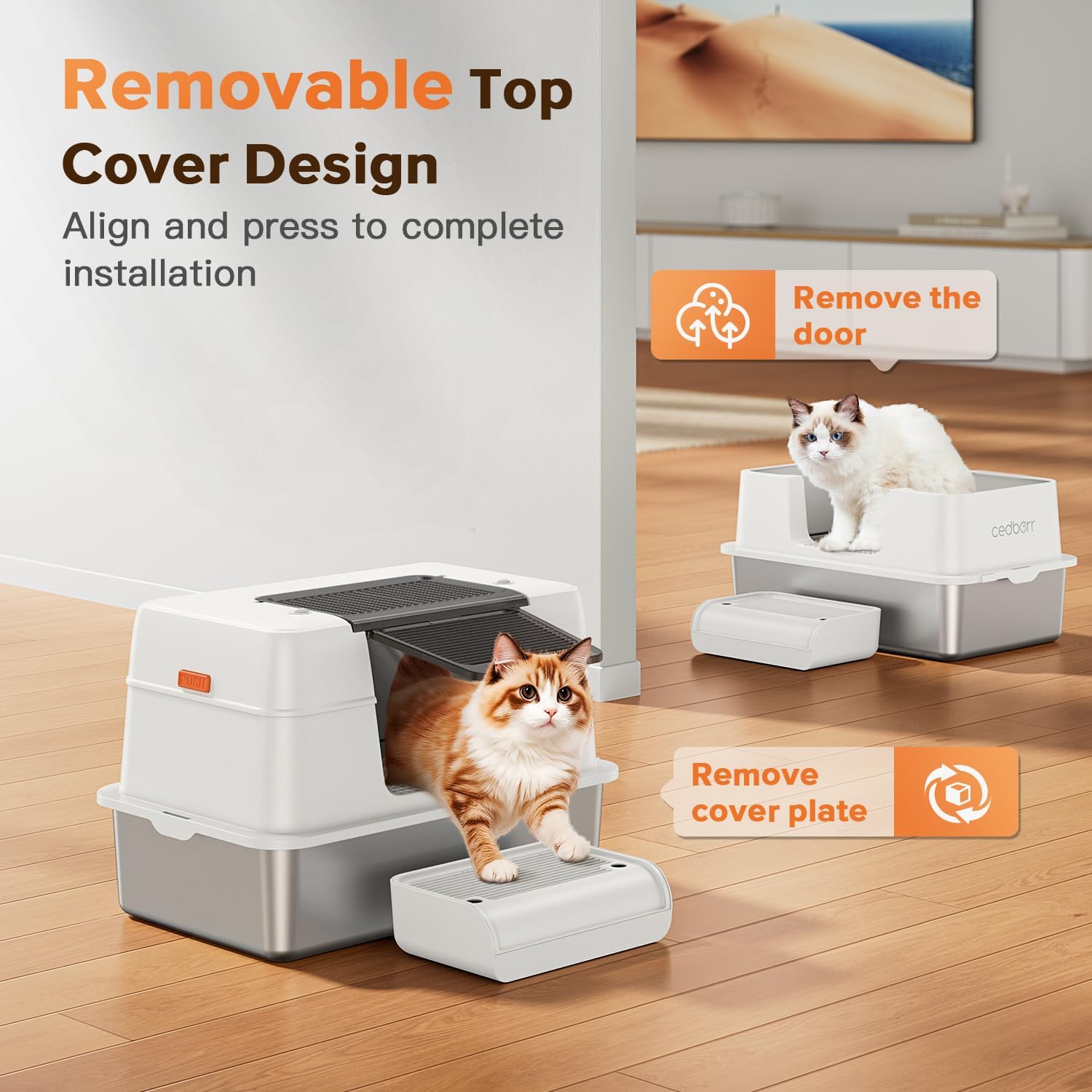 XL Premium Stainless Steel Enclosed Cat Litter Box with Lid, Extra Large Heavy-Duty Metal Litter Box for Big Cats & Multi-Cat Homes|Leak-Proof, Odor-Locking, Non-Stick Surface | Easy Clean (White) - Image 3