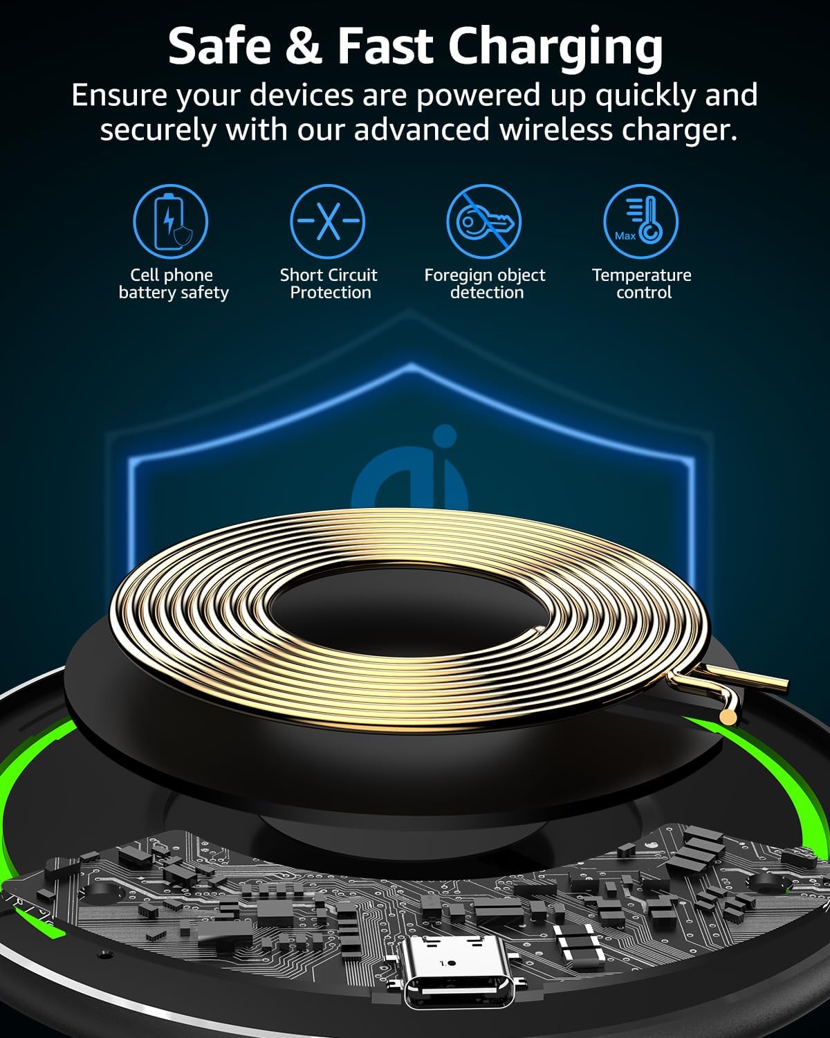 TOZO W1 New Anti-Slip Aircraft-Grade Aluminum Wireless Charger 15W Max Fast Wireless Charging Pad Compatible with iPhone 17/17 Pro/17 Pro Max/Air/16/15/14/SE Series, Samsung Galaxy S25/S24/S23, Black - Image 2