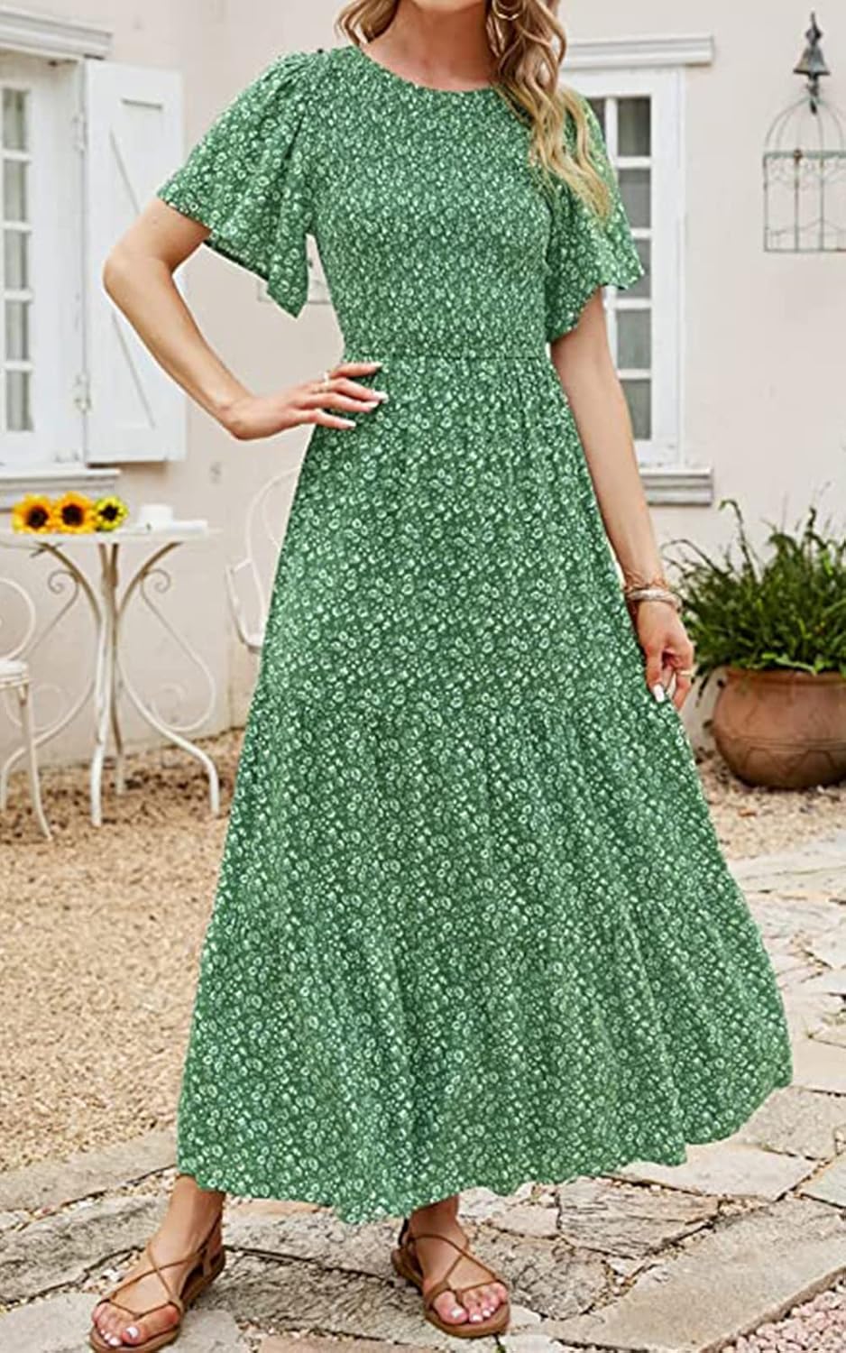 PRETTYGARDEN Women's 2026 Summer Casual Flutter Short Sleeve Boho Floral Maxi Dress Crew Neck Smocked Tiered Long Dresses - Image 5