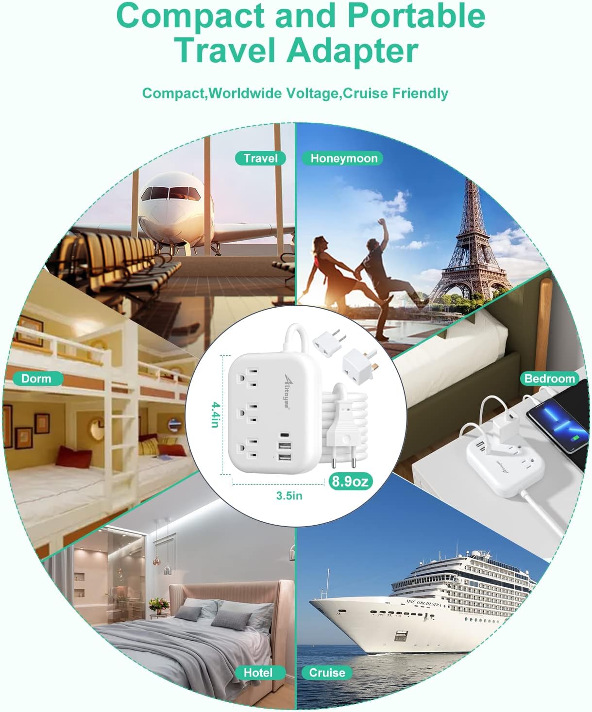 European Travel Plug Adapter, Alitayee EU/UK/US Travel Power Strip with 3 Outlets 3 USB Ports, International Universal Plug Adapter with 3ft Extension Cord to EU UK Italy Spain France Germany Cruise - Image 7