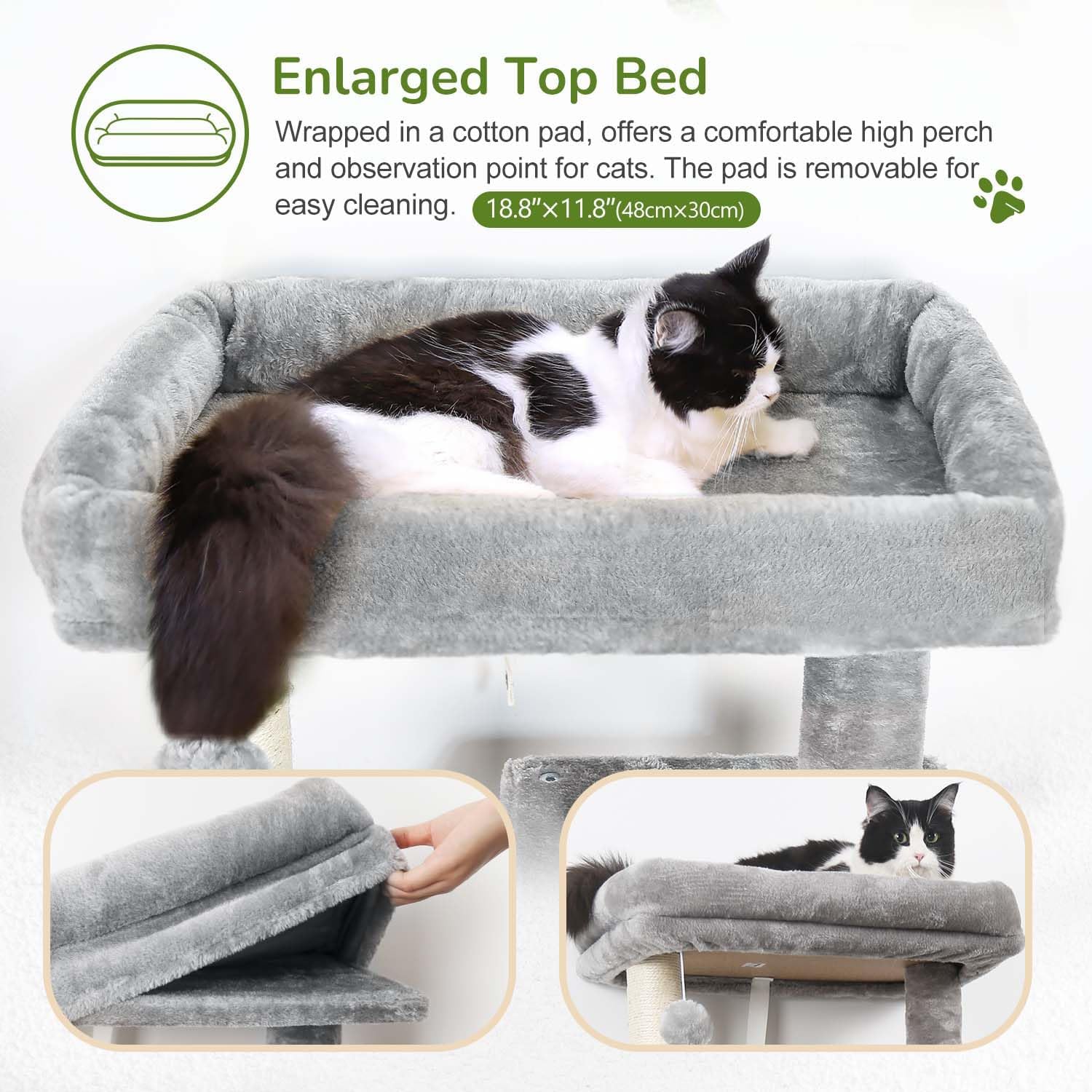 Globlazer Cat Tree Tower with Scratching Post for Indoor Cats, 53inch Tall Plush Multi-Level Cat Climbing Tower Condo House with Large Hammock, Spacious Cat Cave, Padded Top Perch Bed, F53, Light Gray - Image 2