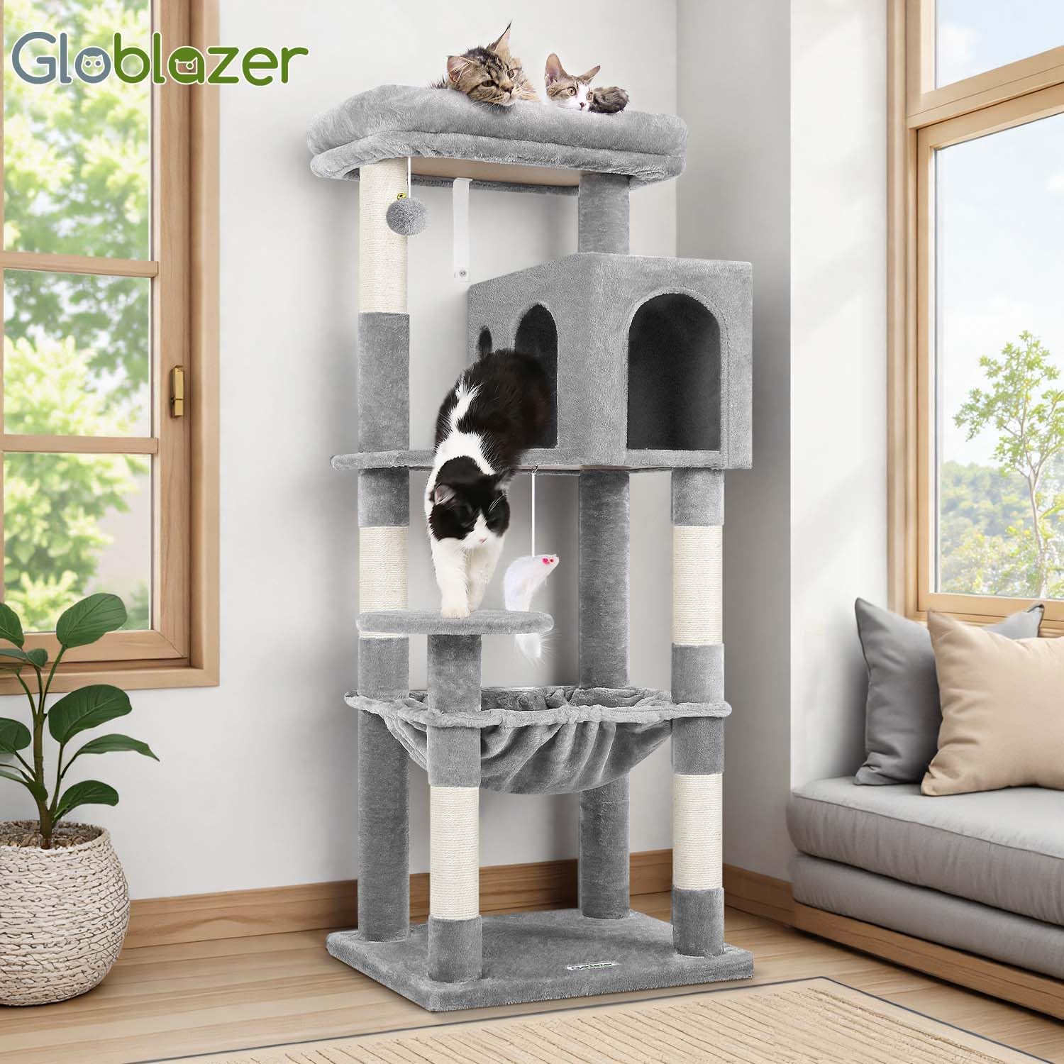 Globlazer Cat Tree Tower with Scratching Post for Indoor Cats, 53inch Tall Plush Multi-Level Cat Climbing Tower Condo House with Large Hammock, Spacious Cat Cave, Padded Top Perch Bed, F53, Light Gray - Image 7