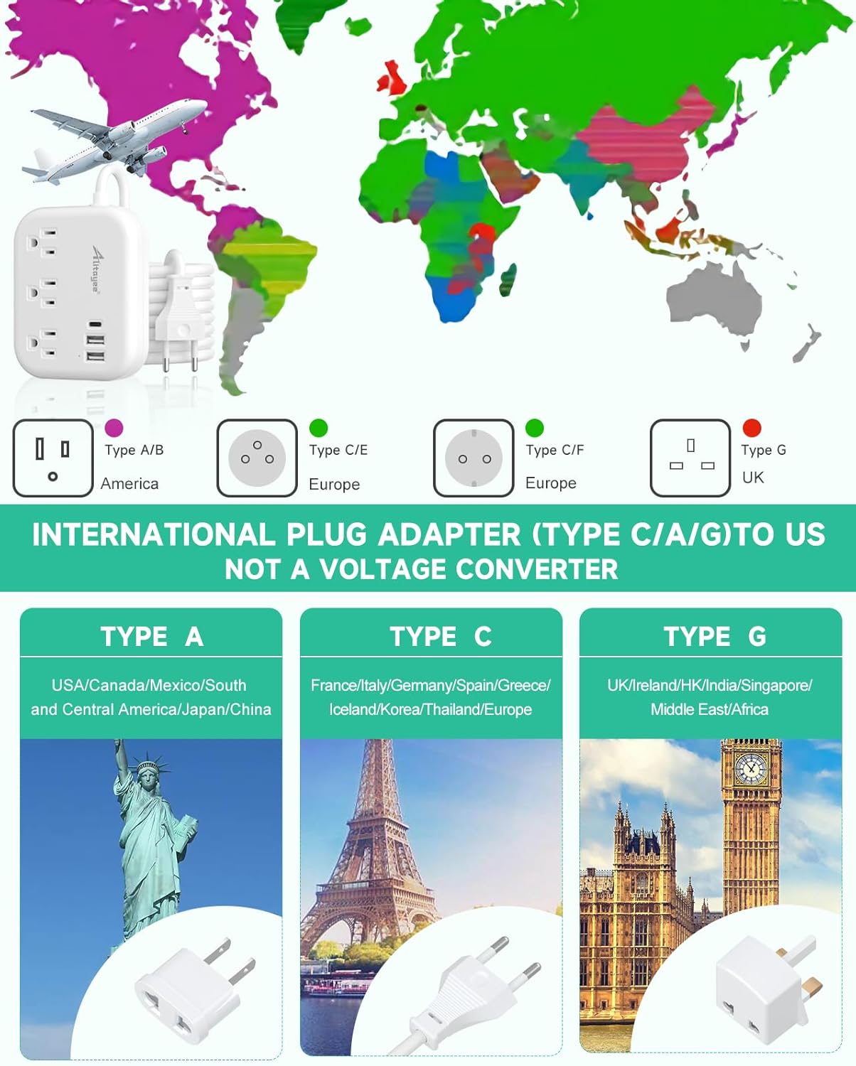 European Travel Plug Adapter, Alitayee EU/UK/US Travel Power Strip with 3 Outlets 3 USB Ports, International Universal Plug Adapter with 3ft Extension Cord to EU UK Italy Spain France Germany Cruise - Image 2