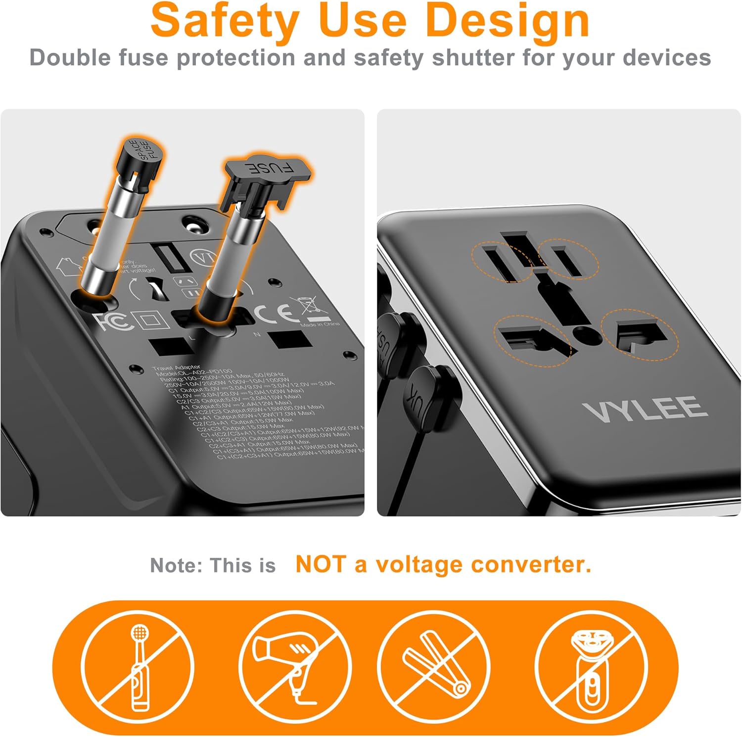 VYLEE Universal Travel Adapter, PD100W GaN International Power Adapter with 3 USB C and 1 USB A Charging Ports, All in One Power Outlet, Worldwide Plug Adapter for US to European UK AUS Ireland(Black) - Image 7