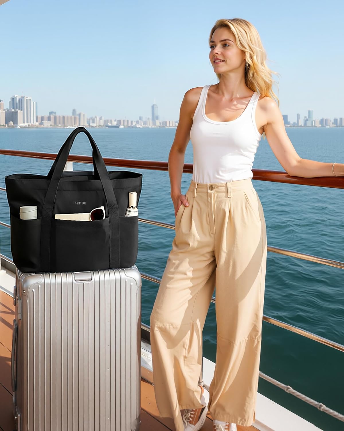 HOTOR Tote Bag for Women - Foldable Lightweight Tote Bags with Zipper, Large Shoulder Bag Top Handle Handbag for Travel, Work - Image 3