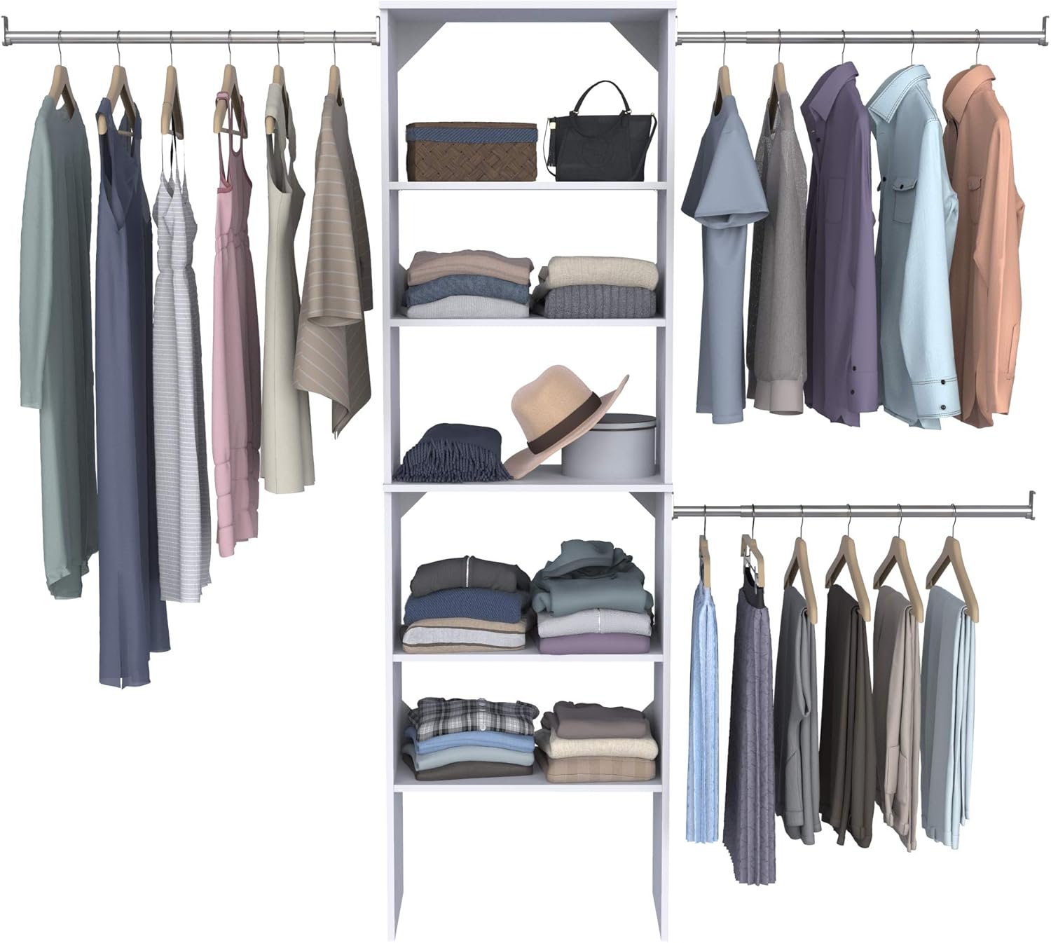 ClosetMaid SuiteSymphony Wood Closet Organizer System, 25-Inch Starter Kit with Tower and 3 Hang Rods and Shelving, Adjustable Shelves, Customizable Insert, Reach-in or Walk-in Closets, Pure White - Image 4