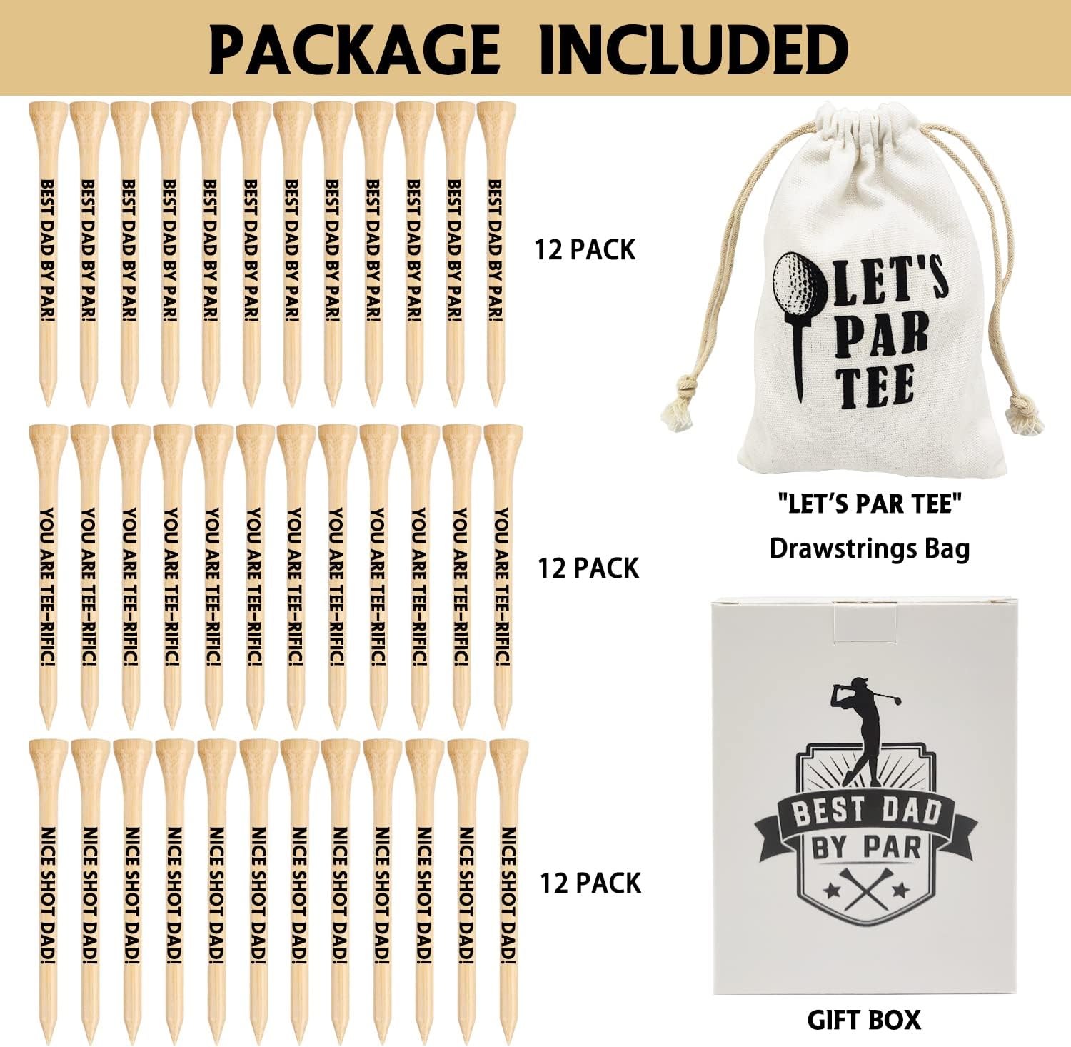 Gifts for Men, 36 Pack 3-1/4 inch Golf Tees with Bag, Durable Bamboo Golf Tees, Best Dad by Par, Fathers Day Christmas Birthday Gifts from Daughter Son, Stocking Stuffers Ideas Present for Men - Image 4