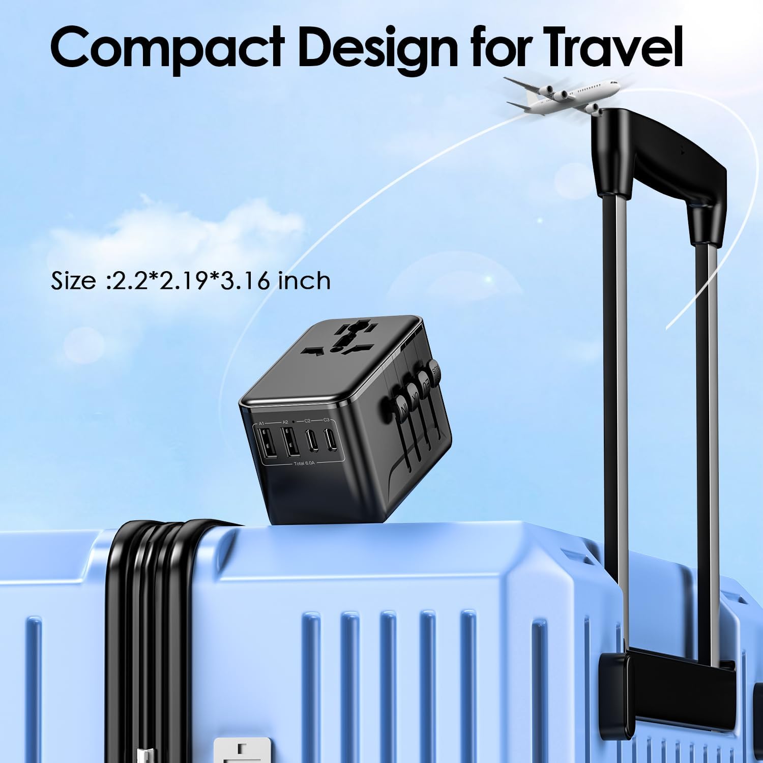 JMFONE Universal Travel Adapter with Type D Plug(India & Most Africa), International Power Adapter, 30W 3X USB-C & 2X USB-A Ports & 2500W AC Outlet, Travel Charger for Europe US UK AUS 200+ Countries - Image 6
