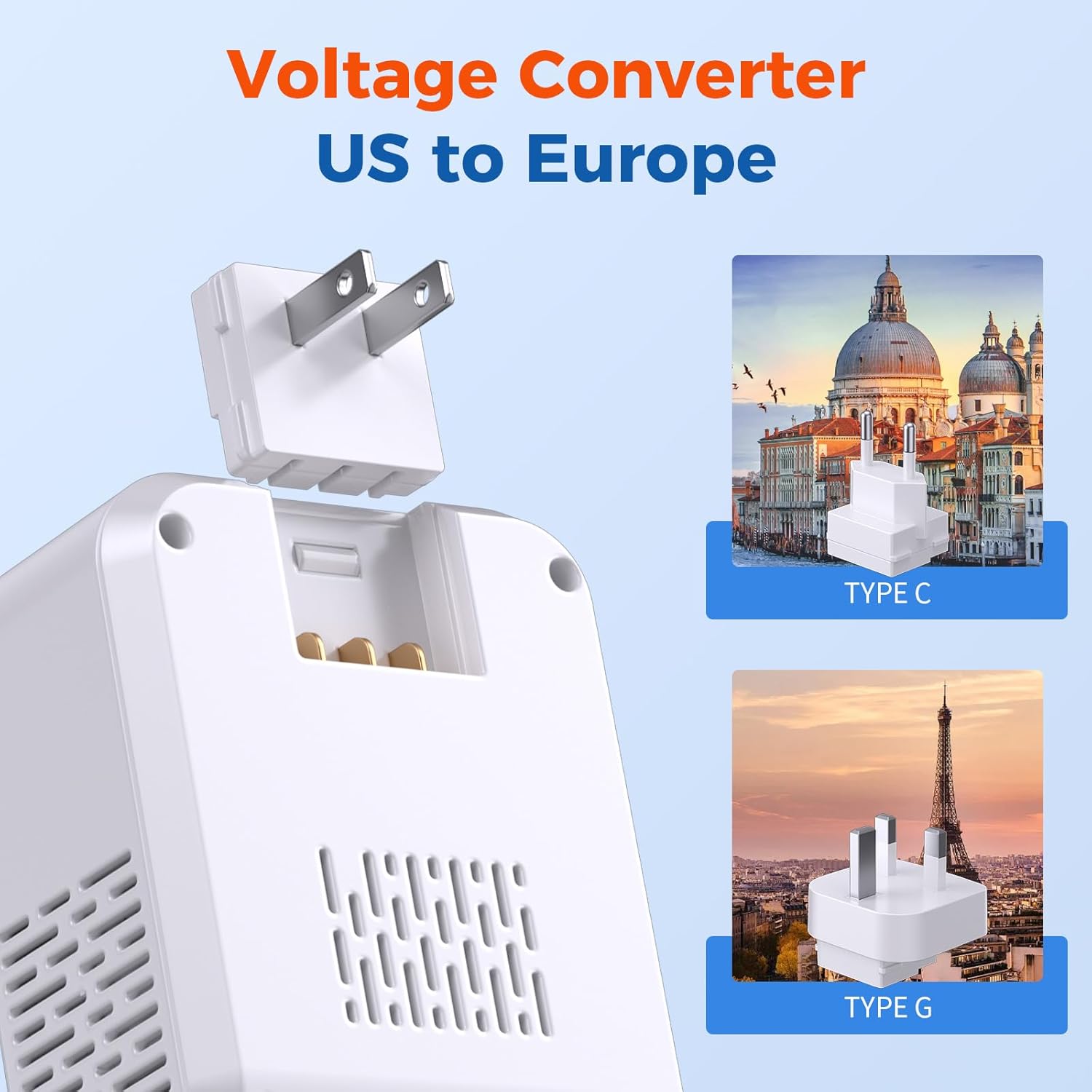 2000W Voltage Converter US to Europe for Hair Dryers, 7-in-1 220V to 110V Converter for European Travel with 3 AC/2 USBA/2 USBC Ports (PD20W) (White) - Image 3
