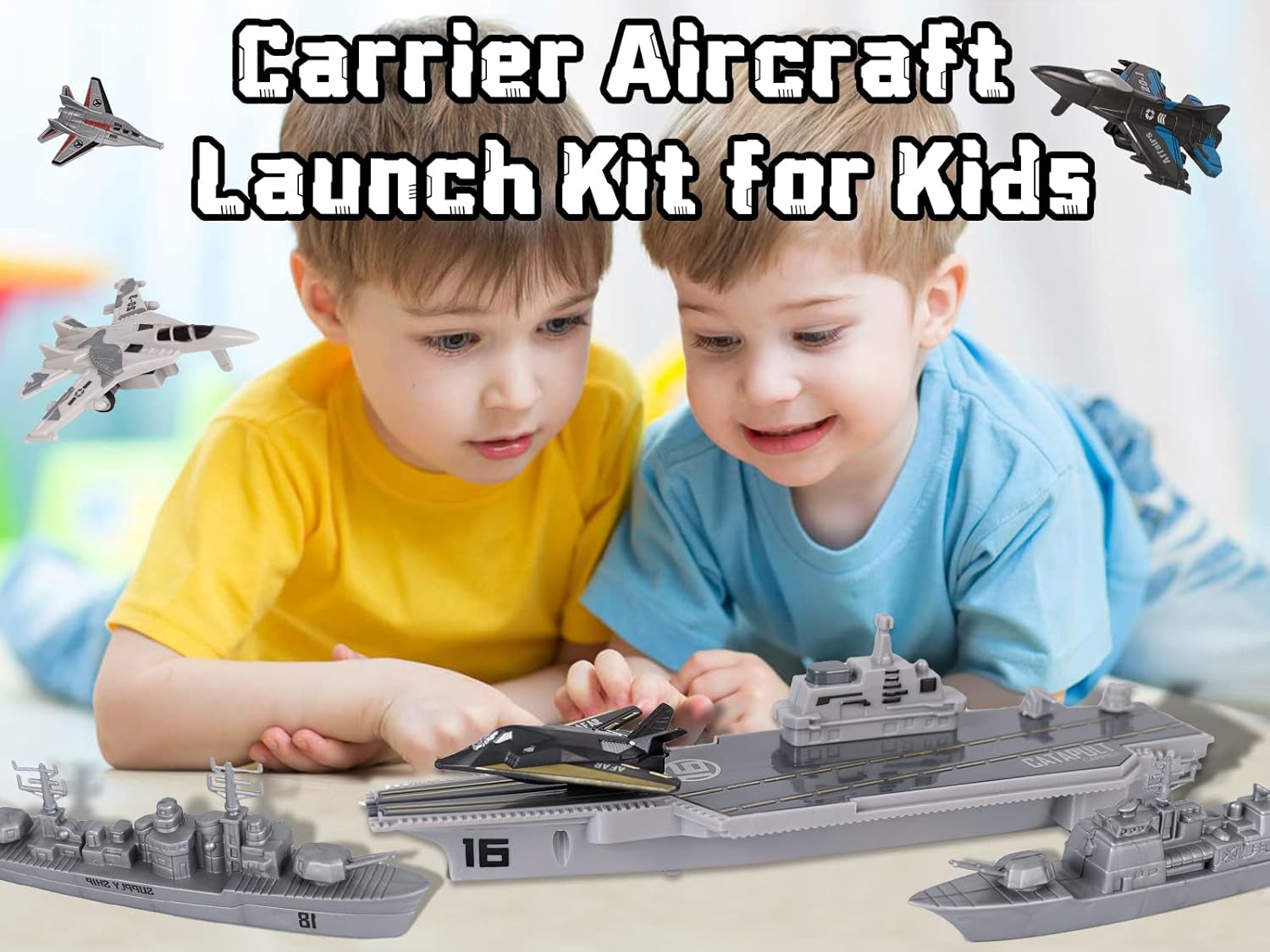 Crelloci Aircraft Carrier Military Naval Ship with Pull Back Army Fighter Jet Toy Small Scale Model Plane Submarine Kids' Play Vehicle Set for Boy Girl Children - Image 5