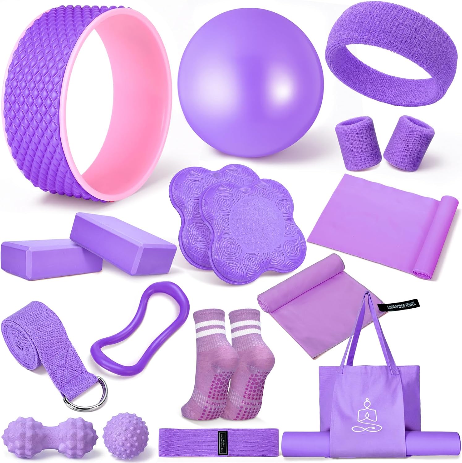 Gemscream 17 Pcs Yoga Essential Kit for Women, Pilates Equipment Starter Set for Beginners with Yoga Wheel Ball Blocks Strap Resistance Bands Wrist Rings Socks Towel & Carry Bag for Home Workouts
