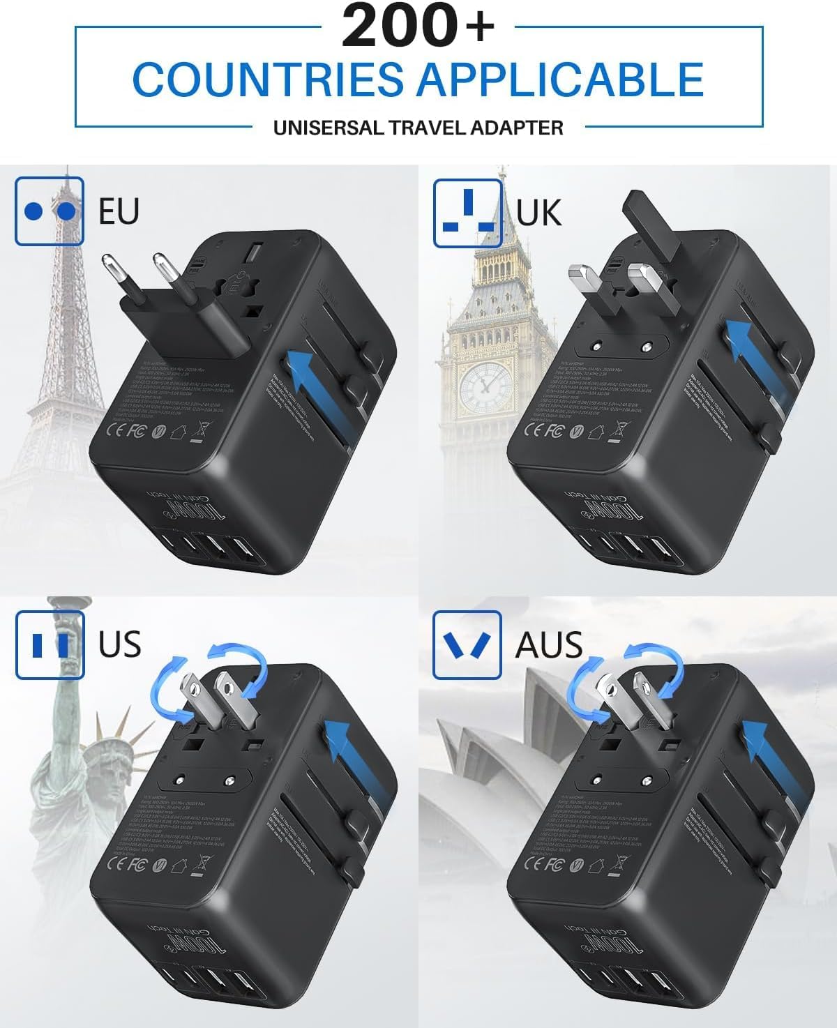 DOACE 100W GaN Universal Travel Adapter, 6-in-1 International Power Adapter, European Travel Plug with Built-in USB-C Cable, Fast Charging, Worldwide for EU UK US AUS, Travel Essentials (Black) - Image 4