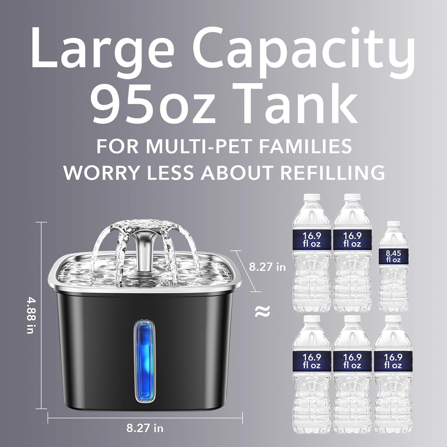 Veken Innovation Award Winner Stainless Steel Cat Water Fountain, 95oz/2.8L Automatic Pet Fountain Dog Water Dispenser with Replacement Filters & Silicone Mat for Cats, Dogs (Space Black) - Image 3
