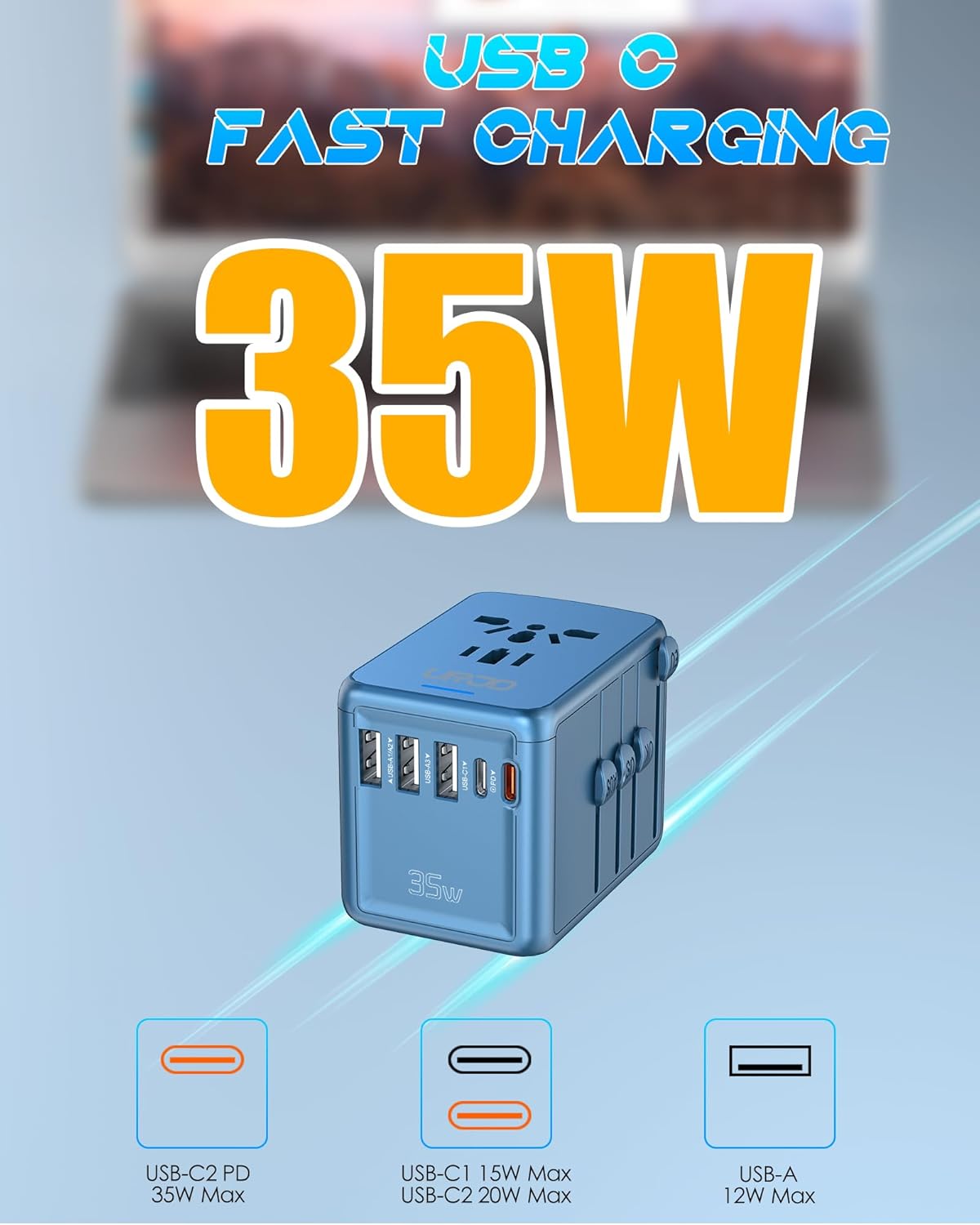 35W USB-C Travel Adapter Fast Charging for Laptop Phone, Universal Power Adapter with 5 Ports +2500W AC Outlet, International Plug Adapter Compatible for MacBook iPhone iPad Travel 200+ Countries - Image 2