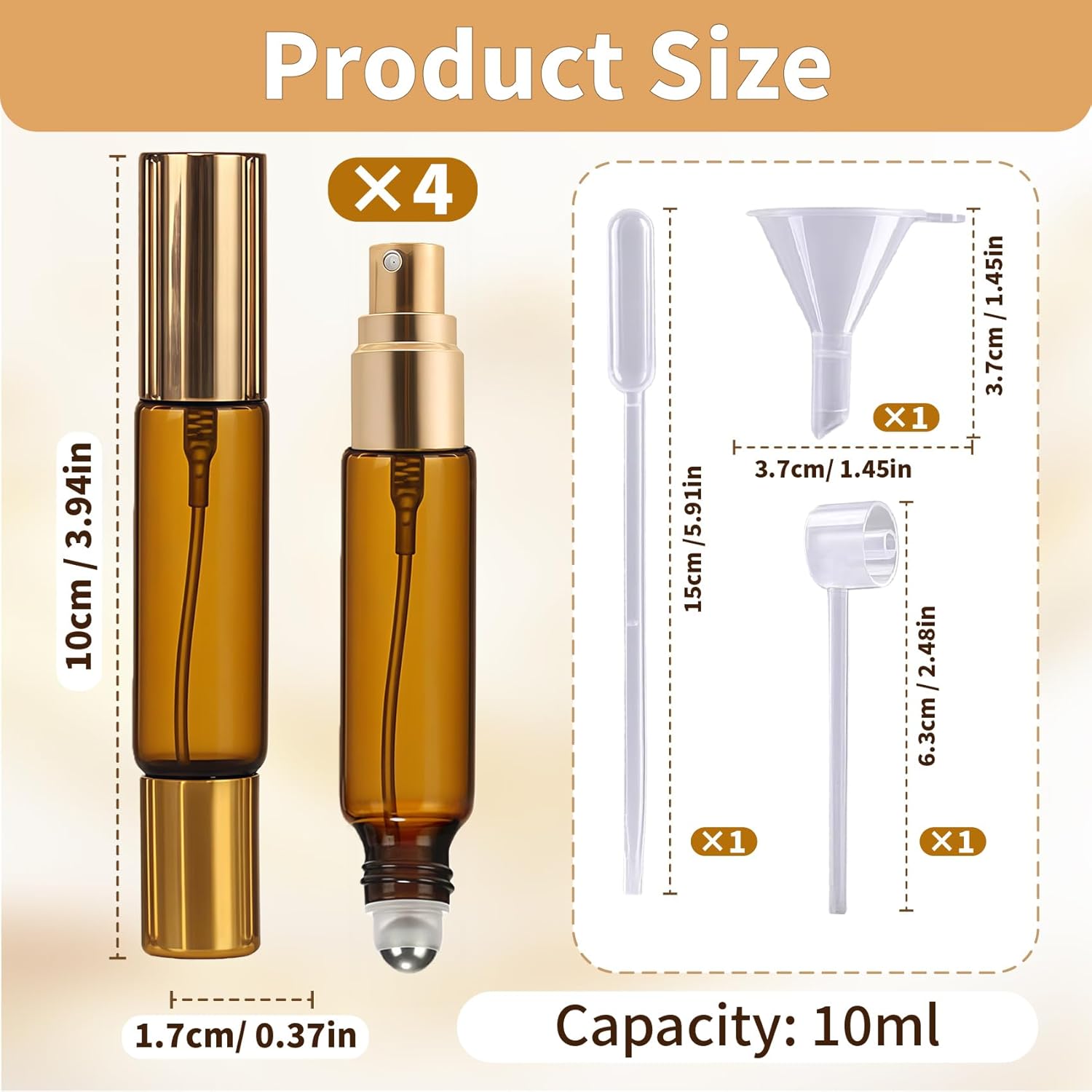 Double Ended Perfume Bottle With Roller Ball &Spray:4 PCS 10ml Amber Refillable Leakproof Travel Atomizer Facial Care with Funnel Tool for Perfume,Cologne,Essential Oils - Image 2