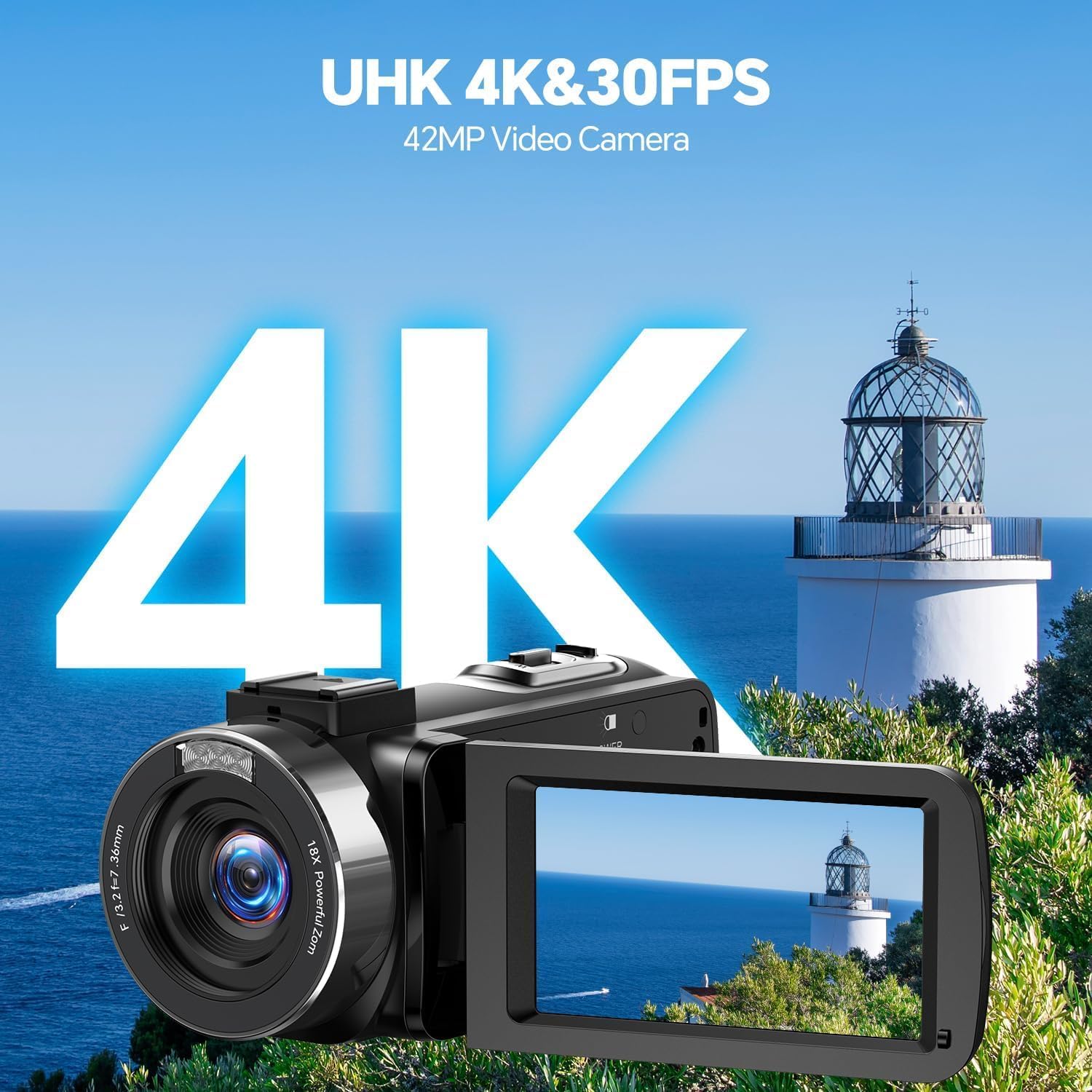 Camcorder Video Camera 4K Digital Camera for Vlogging 42MP 3” 270° Rotation Screen 18X Digital Zoom Cam Corder for YouTube with 2 Batteries, 32GB SD Card, Remote Control - Image 2