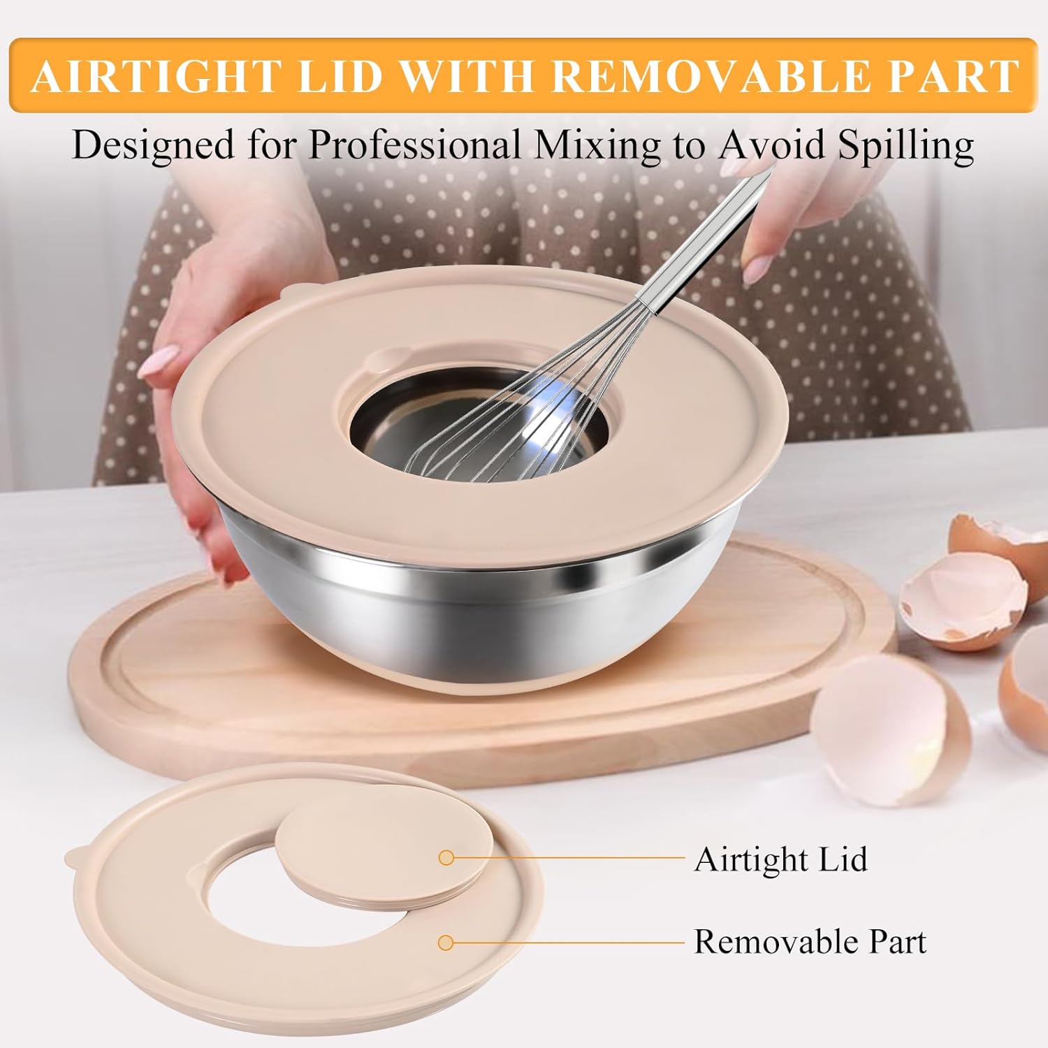 Mixing Bowls with Airtight Lids Set, 20 PCS Kitchen Gadgets Set, 6 Stainless Steel Bowls,3 Grater Attachments,Non-Slip Silicone Bottoms,Great for Serving&Baking,Size 5, 4, 3.5, 2.1, 1.5, 1.1QT (Khaki) - Image 4