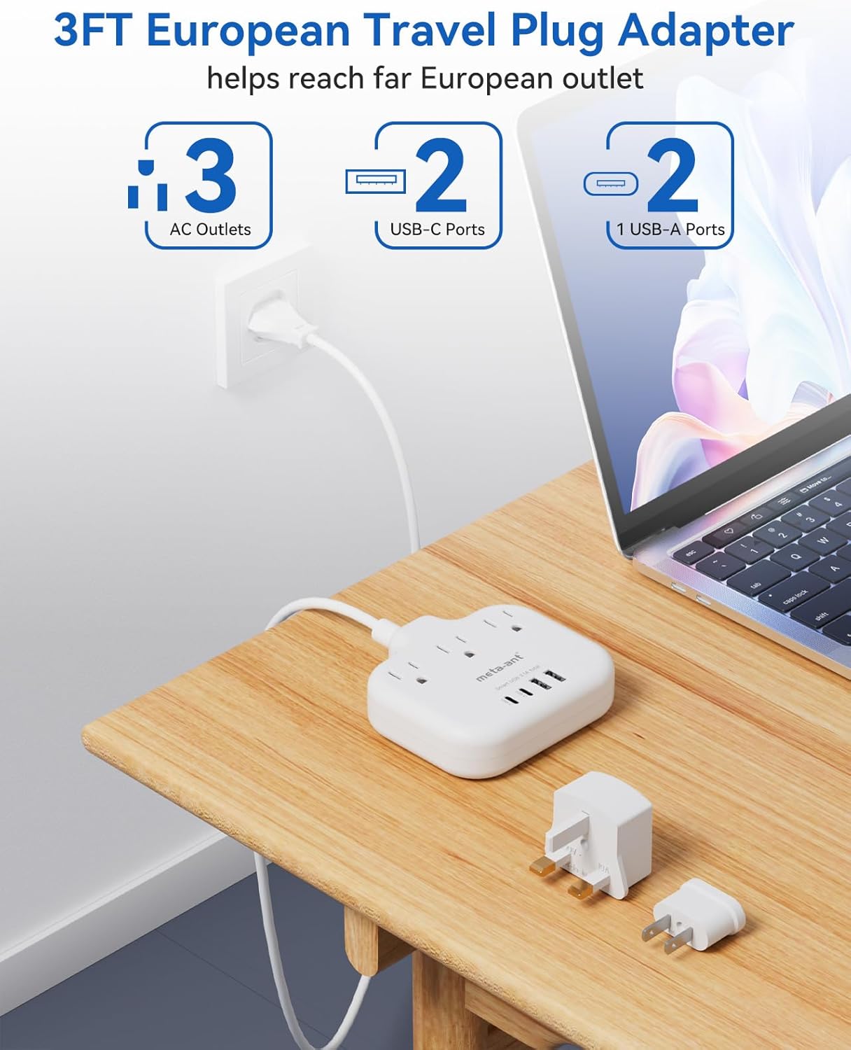 European Travel Plug Adapter, US to European Plug Adapter with 3 American Outlets & 4 USB, 3ft European Power Cord, International Travel Power Strip, Type C for Europe EU Germany France, Travel, White - Image 3