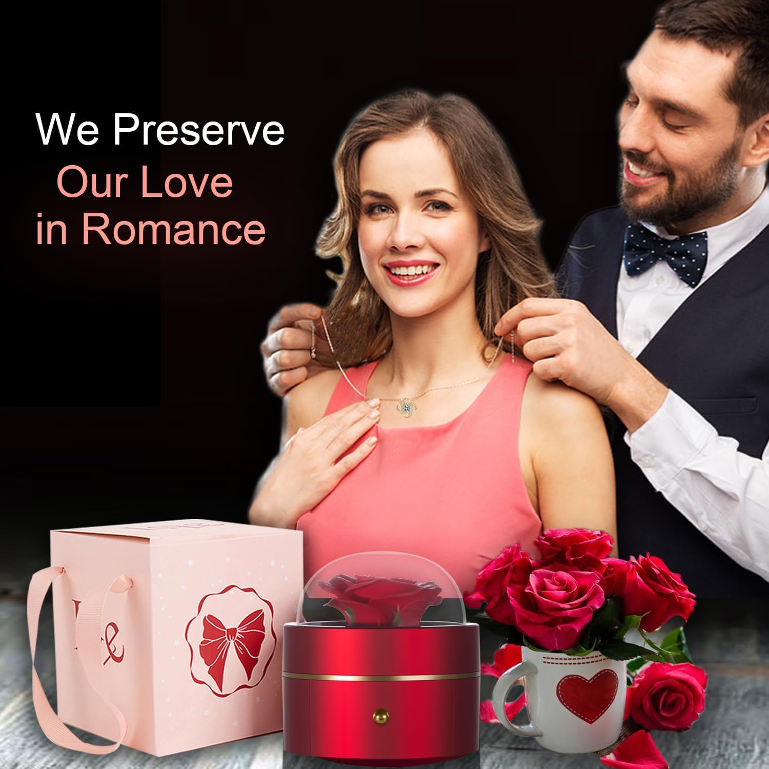 Preserved Handmade Rose Box with Four Leaf Clover Necklace, Jewelry Boxes Poetry Roses Gifts for Women Her Mom Wife Girlfriend on Valentines,Mother's Day with ''To My Love'' Card (Romantic Red) - Image 2