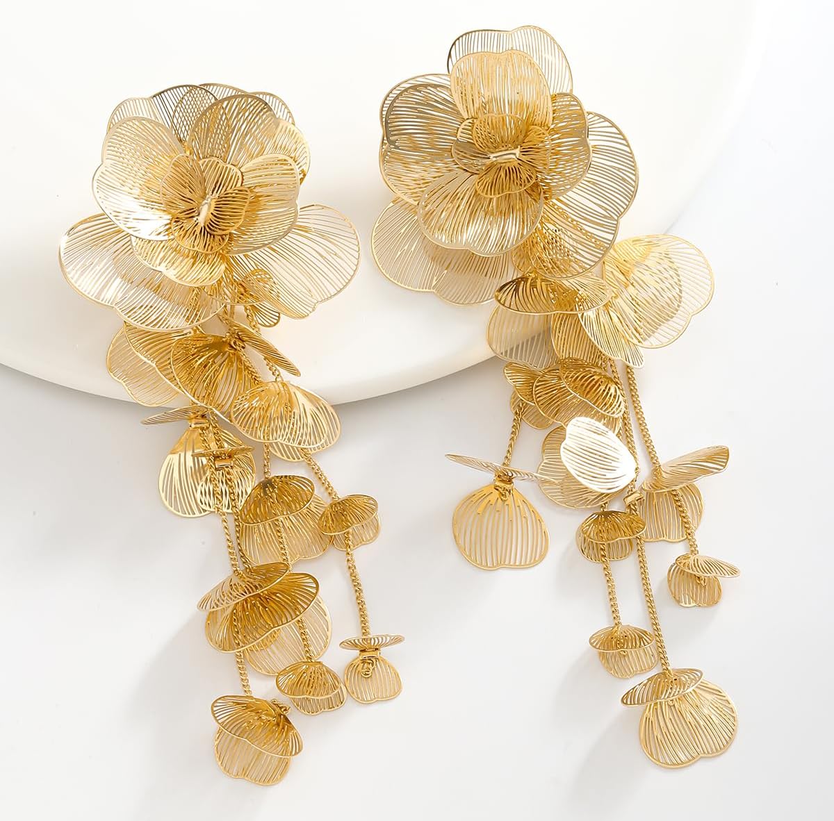 Gold Silver Filigree Floral Dangle Earrings for Women, Long Drop Statement Earrings for Vintage Wedding Jewelry - Image 4