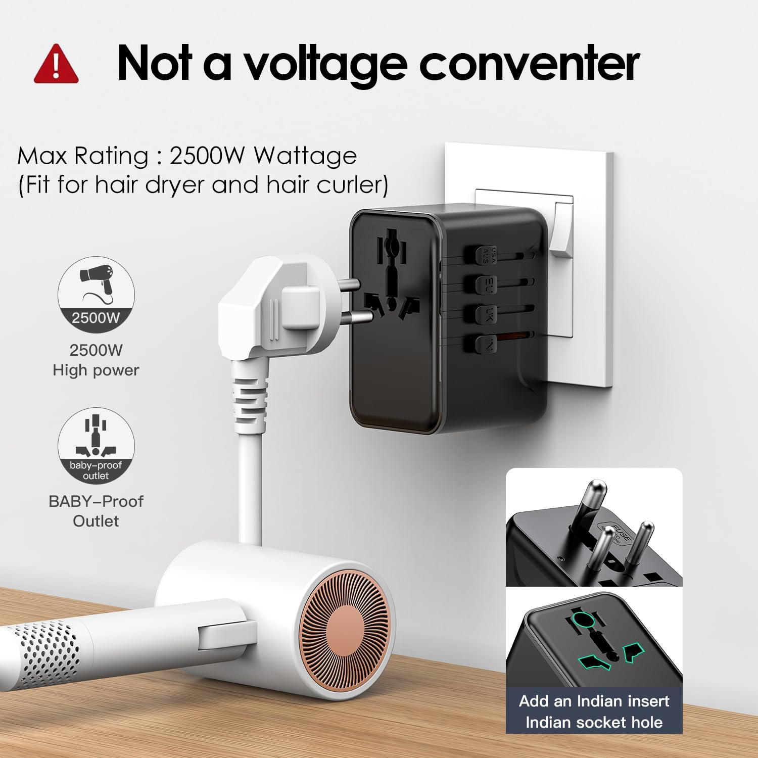 JMFONE Universal Travel Adapter with Type D Plug(India & Most Africa), International Power Adapter, 30W 3X USB-C & 2X USB-A Ports & 2500W AC Outlet, Travel Charger for Europe US UK AUS 200+ Countries - Image 4
