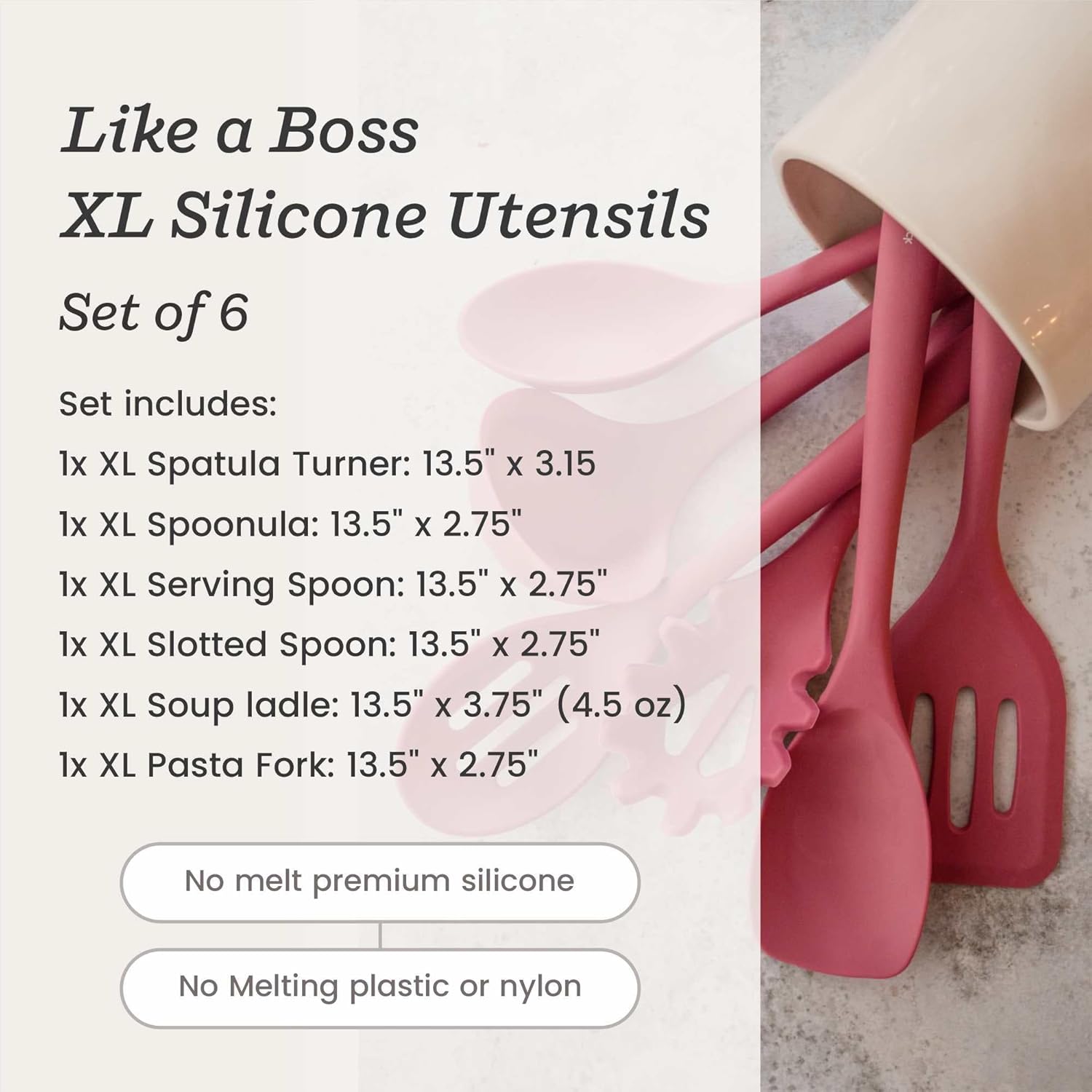 Starpack 'Like a Boss' XL Premium Silicone Cooking Utensils Set (6 Pcs) 13" - Heat Resistant Kitchen Utensils 600°F - Non-Stick Silicone Utensil Set - Large Kitchen Utensils Set for Cooking & Serving - Image 5