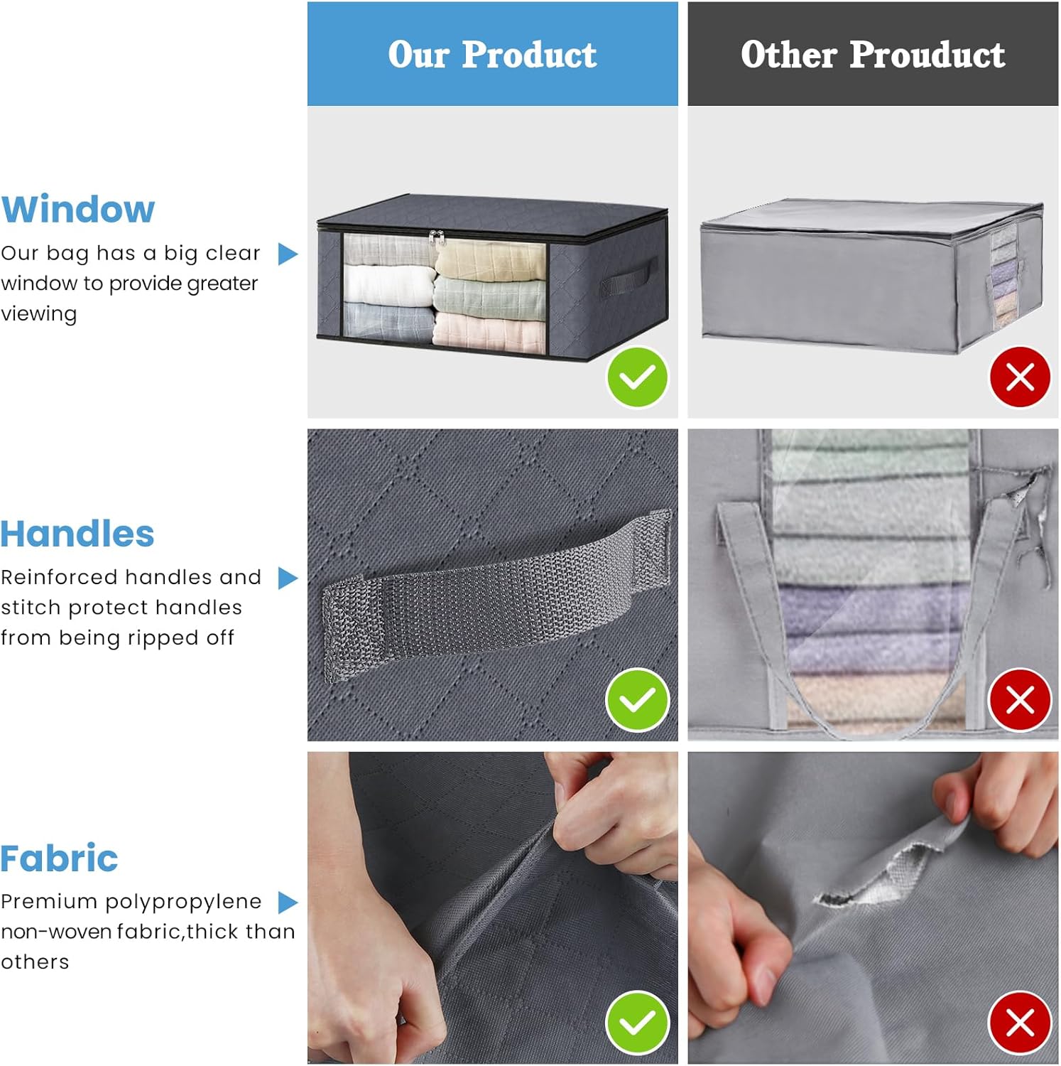 HomeHacks Storage 3-Pack Clothes Organizer Storage Bags Foldable Storage Box with Large Clear Window Sturdy Handles for Closet, Dorm, Pillows, Bedding, Clothes, Blankets, 35L, Gray - Image 4