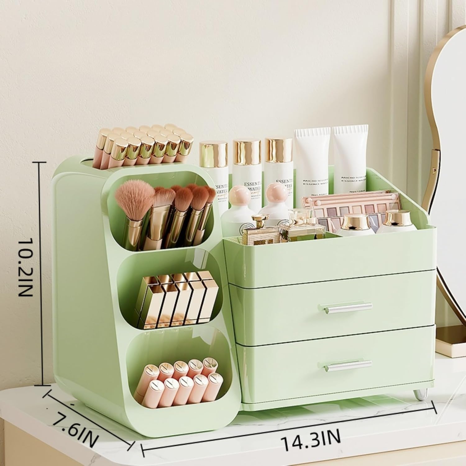 Booklov Makeup Organizer for Vanity, Large Capacity Cosmetic Display Case with Drawers, Countertop Beauty Storage Holder for Skincare, Brush Eyeliner Perfume Eyeshadow Lipsticks, Counter Desk, Green - Image 2