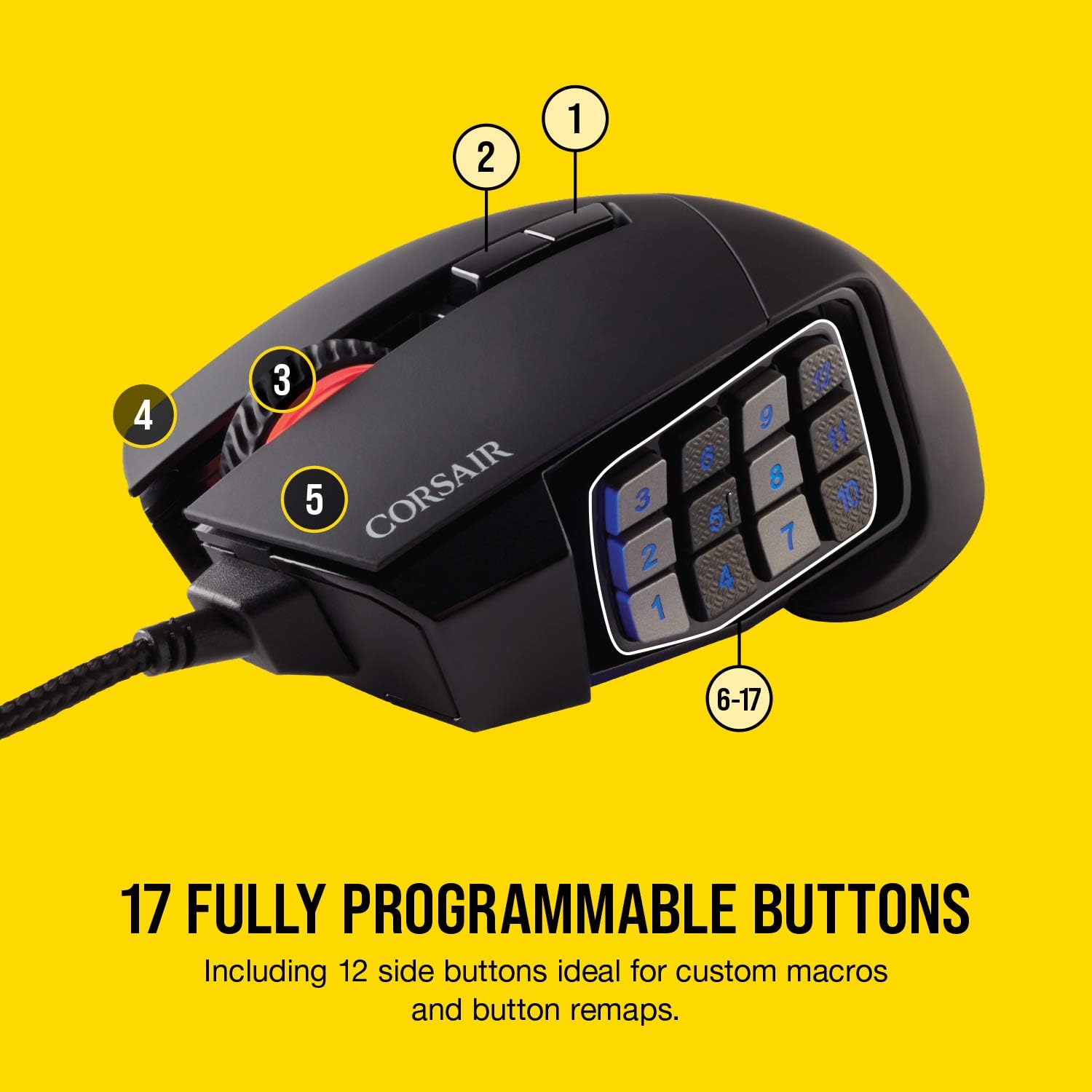 Corsair Scimitar RGB Elite Wired MOBA/MMO Gaming Mouse – 18,000 DPI – 17 Programmable Buttons – iCUE Compatible – PC, Mac, PS5, PS4, Xbox – Black - Image 3
