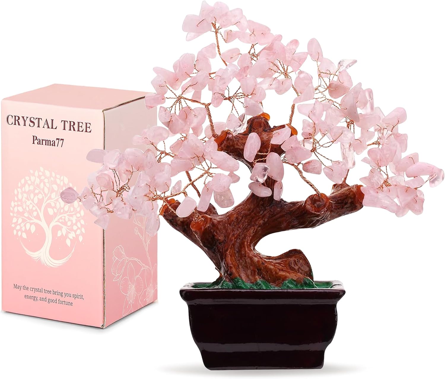 Parma77 Feng Shui Natural Rose Pink Quartz Crystal Money Tree, Healing Crystal Trees Bonsai Style Decoration for Wealth and Luck for Home Decor, Gifts for Women