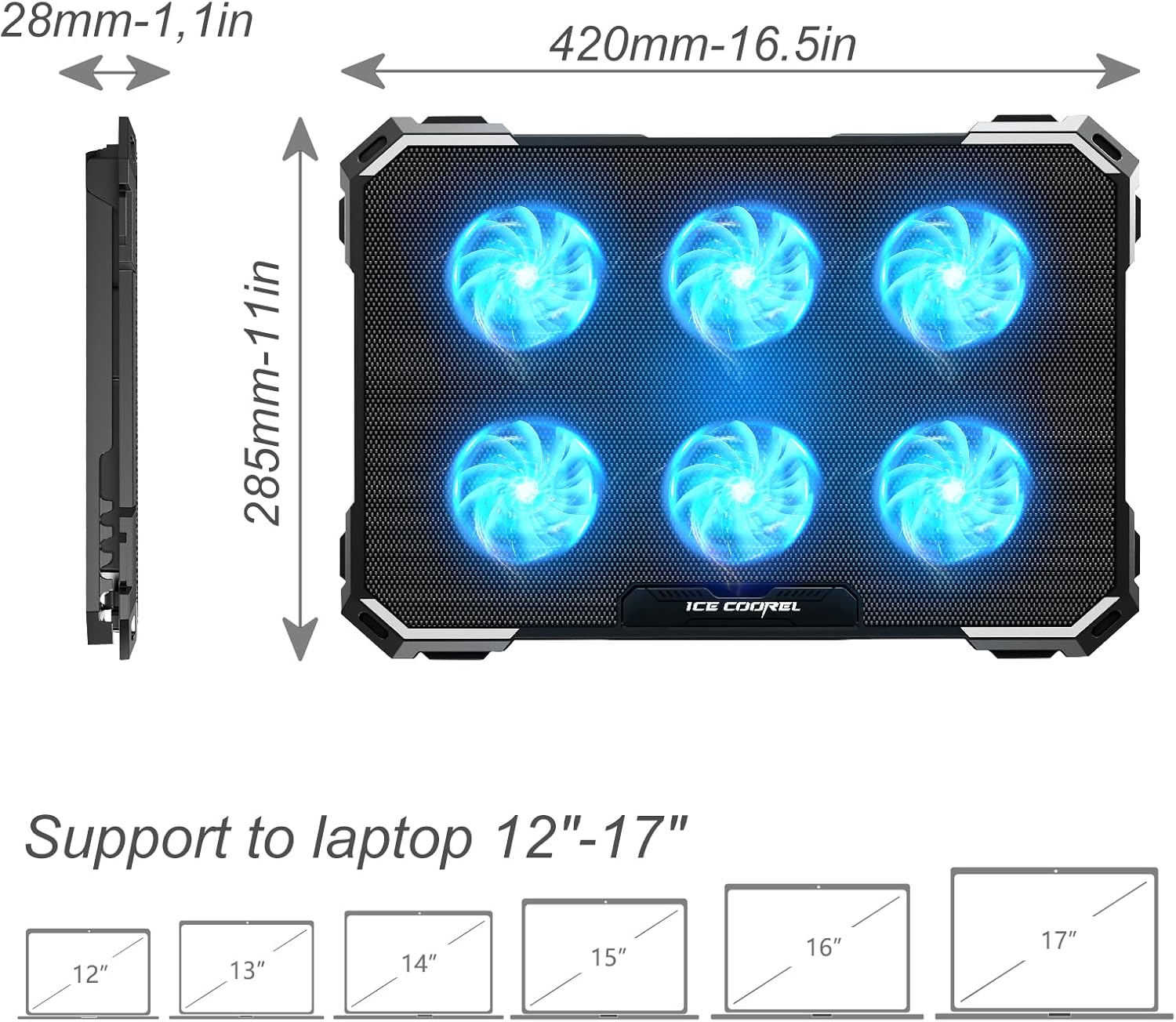 ICE COOREL Laptop Cooling Pad with 6 Cooling Fans, Cooling Pad for Laptop Fan 13-15.6 Inch, Laptop Cooler Stand with 6 Height Adjustable, Notebook Cooler Pad with Two USB Port - Image 6