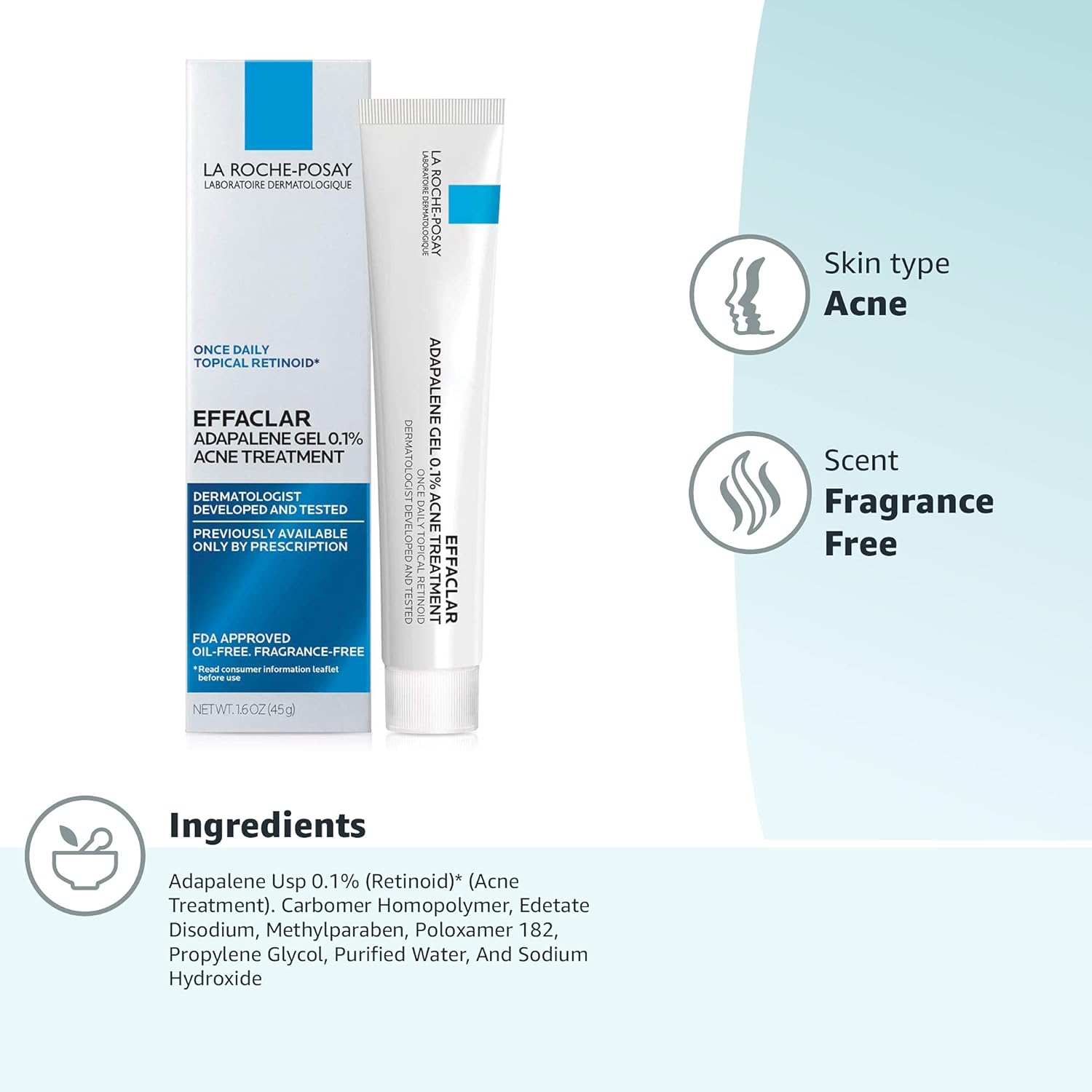 La Roche-Posay Effaclar Adapalene Gel 0.1% Acne Treatment, Retinoid Cream, Acne Medication Gel for Blackheads & Whiteheads, Oil Free, Helps Clear and Prevent Blemishes & Clogged Pores - Image 10