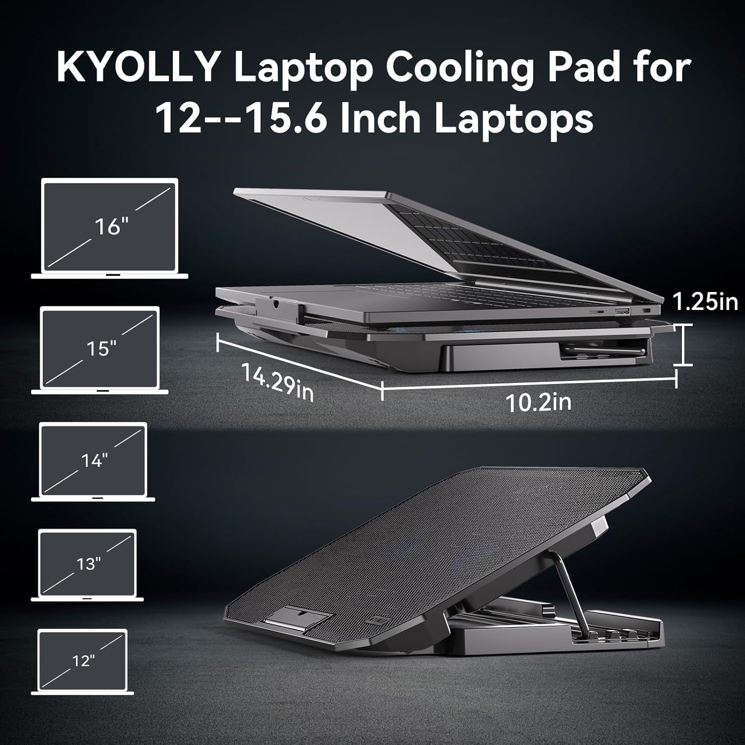 KYOLLY Ultra Slim Laptop Cooling Pad with 2 Quiet Big Fans, 5 Height Adjustable Ergonomic Stand, Portable Cooler for 10-15.6 Inch Laptops, Speed Control and 2 USB Ports - Image 6