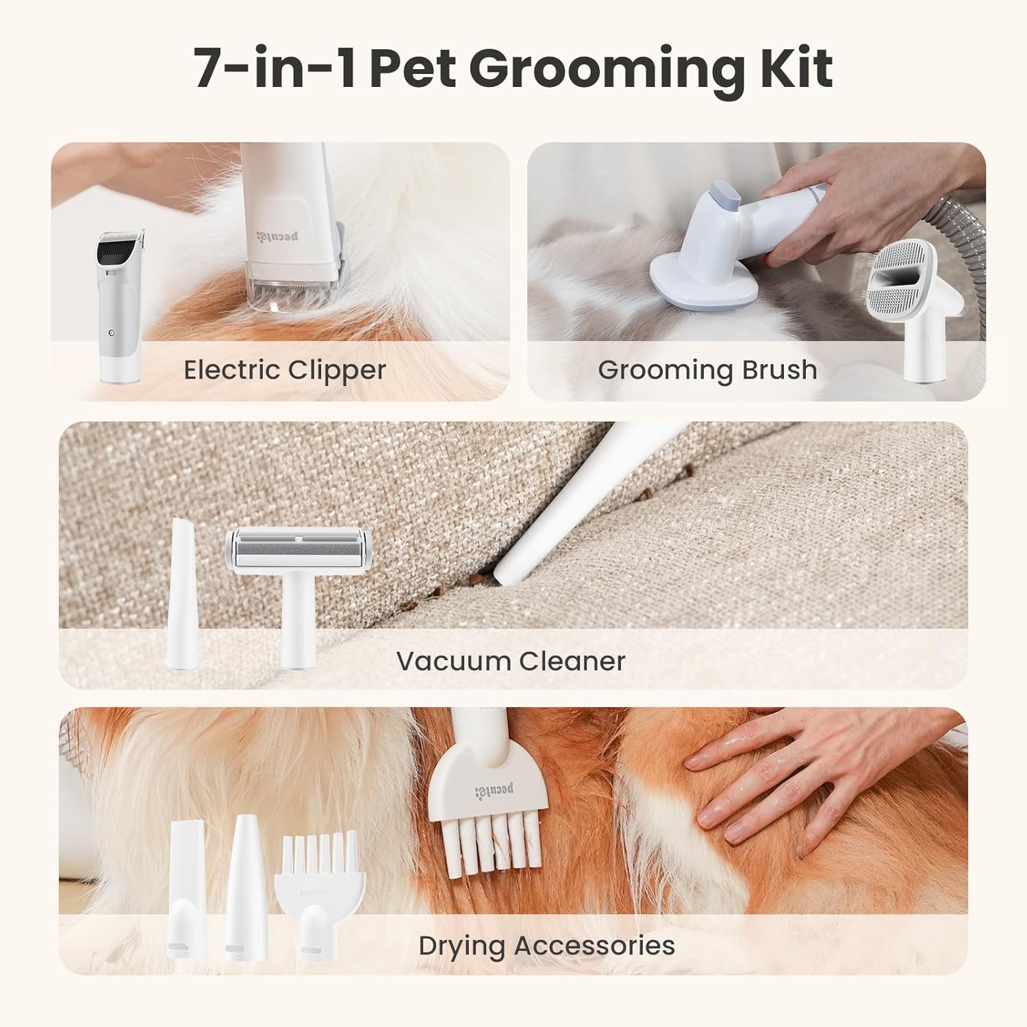 Pecute Dog Grooming Vacuum & Dryer, 7-in-1 Pet Grooming Kit with Clipper, 10000Pa Dog Vacuum for Shedding Grooming, Adjustable Speed & Temp, 55dB Low Noise,1.7L Dust Cup - Image 3
