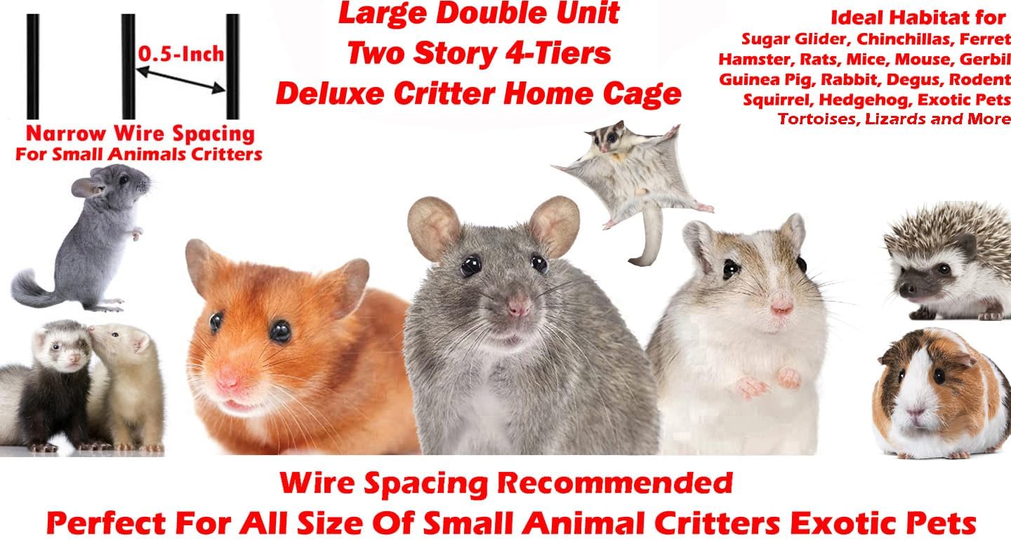 Large Two Full Story Deluxe Double Unit 4-Tiers Tight 1/2-Inch Bar Spacing Durable Front Doors Water Bottle Food Bowl for Feisty Ferret Squirrel Hammock Rat Gerbil Small Animal Critter Rolling Cage - Image 2